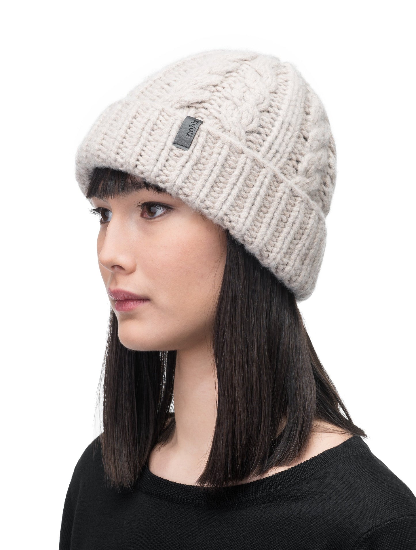 Dew Unisex Cable Knit Beanie in superfine merino wool and cashmere, and nobis leather label at cuff, in Khaki