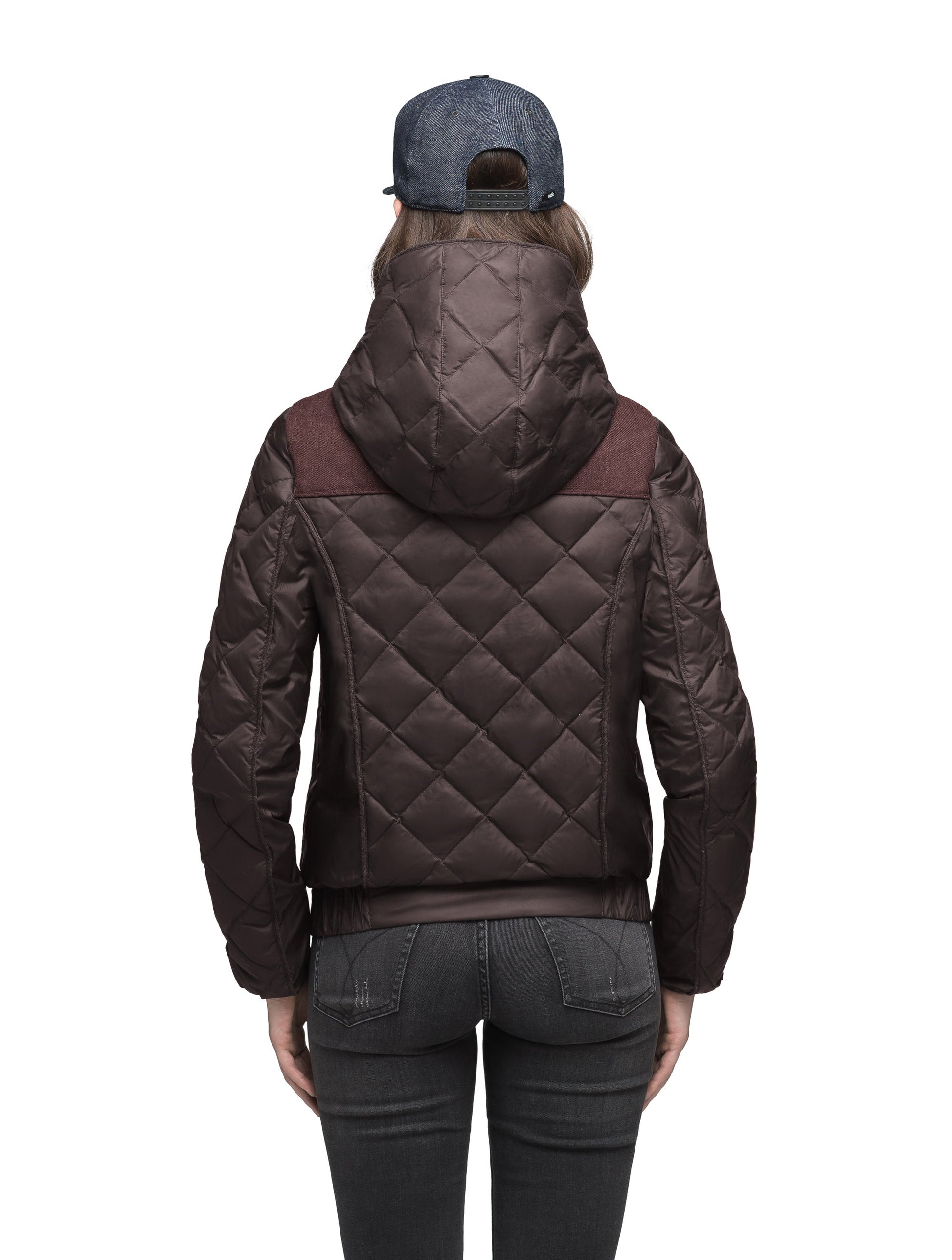 Lightweight women's jacket with hood and quilted pattern featuring a contrasting upper fabric in Dark Brown