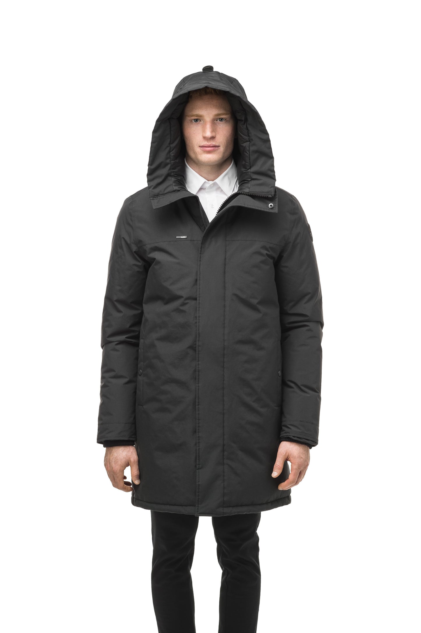 Classic men's down filled parka with attached fur free hood in Black