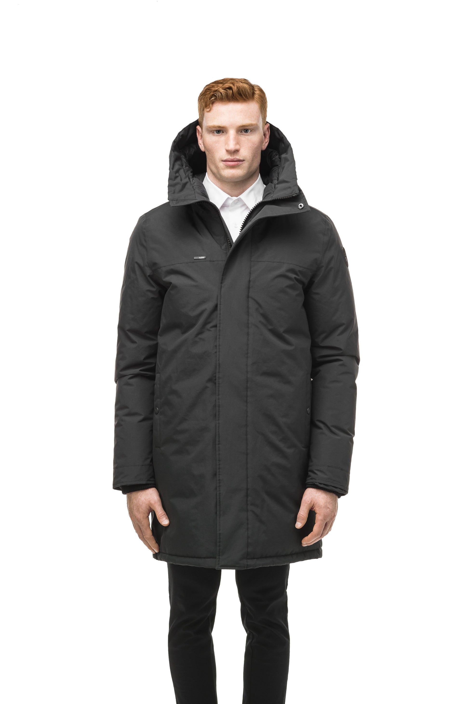 Classic men's down filled parka with attached fur free hood in Black