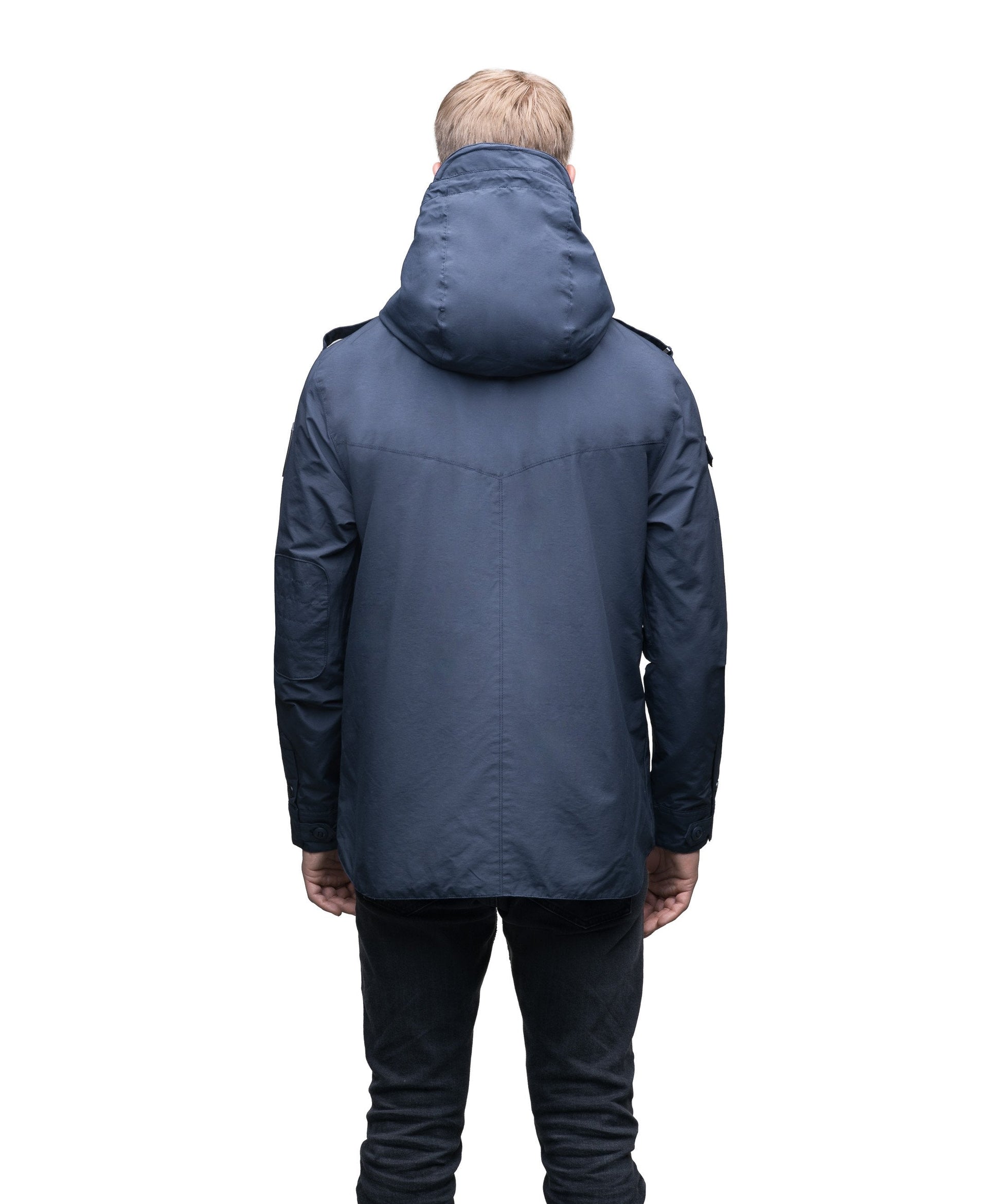 Men's hooded shirt jacket with patch chest pockets in Navy