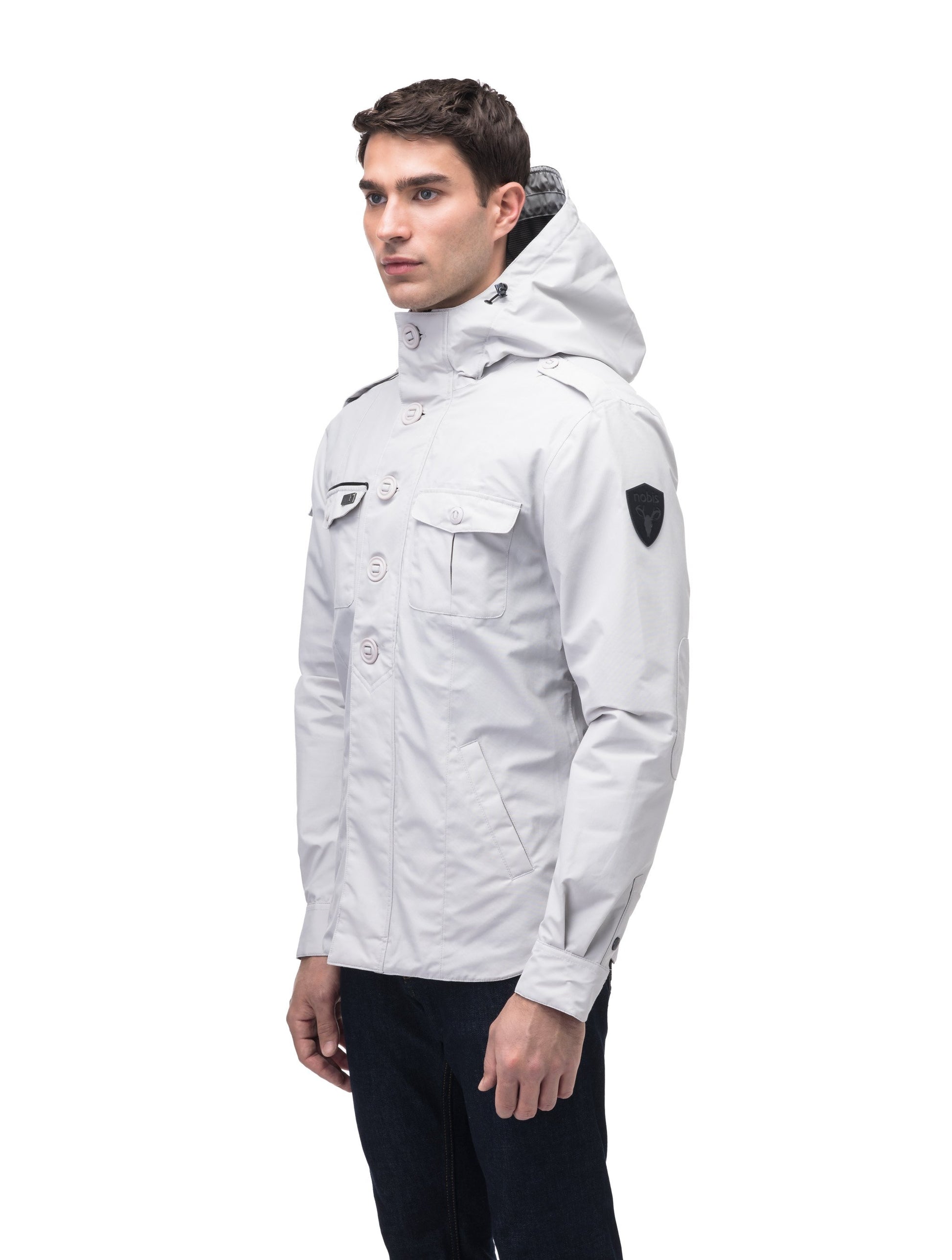 Men's hooded shirt jacket with patch chest pockets in Light Grey