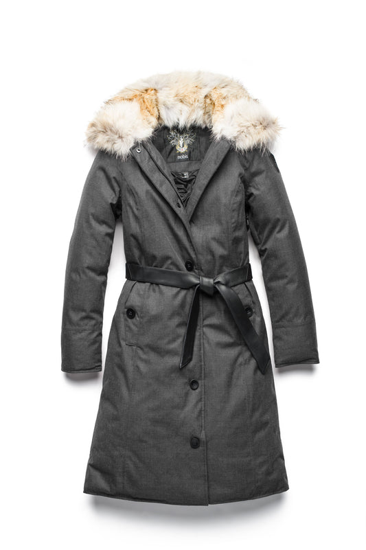 Women's lightweight down filled parka with a removable fur collar and a washable, Japanese DWR Leather belt in H. Charcoal