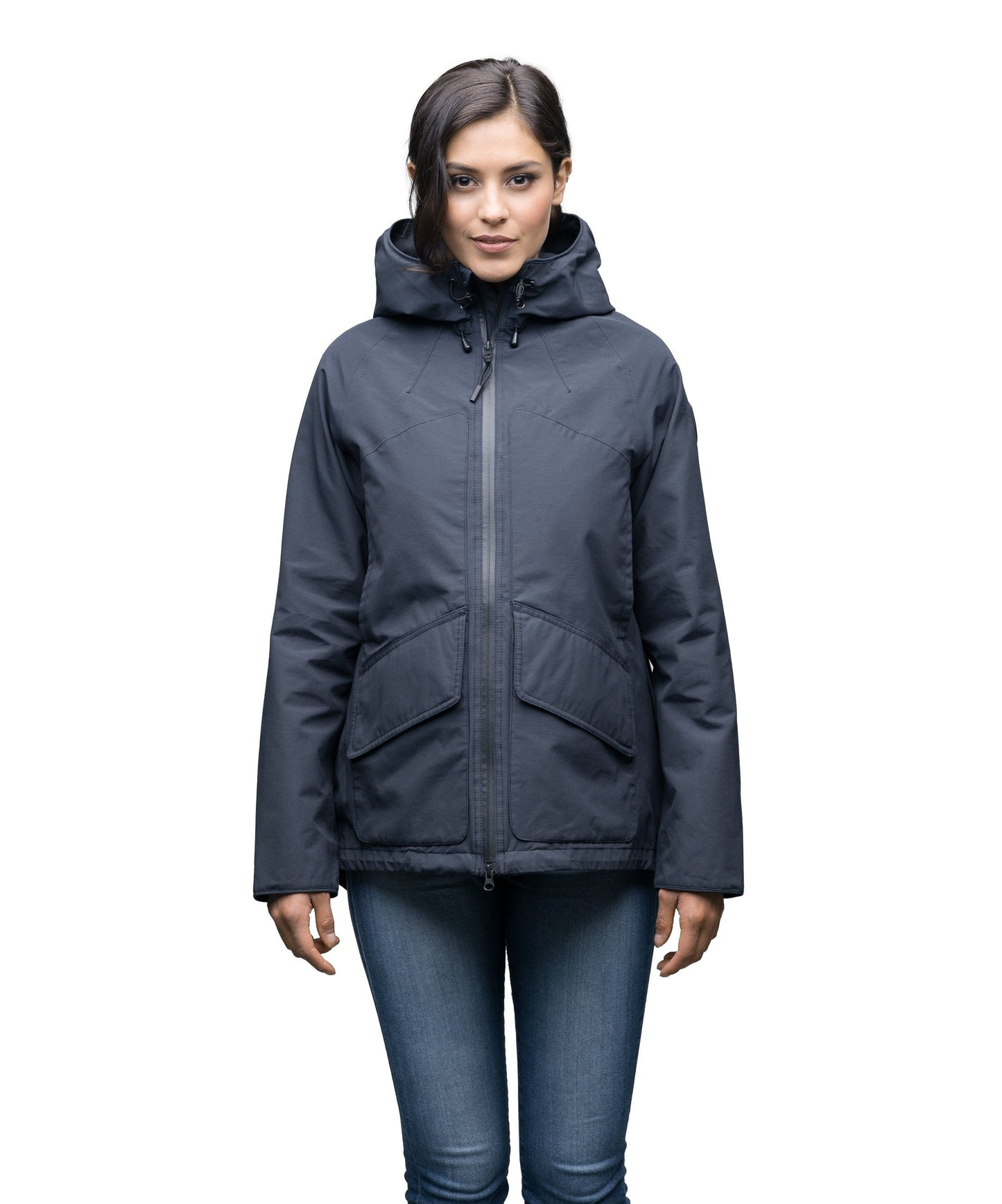 Women's hooded rain jacket with high low hem in Navy