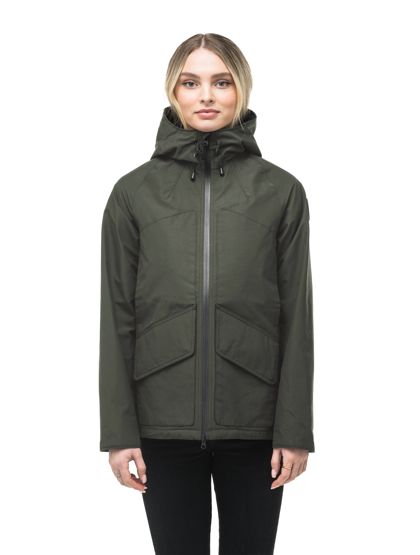 Women's hooded rain jacket with high low hem in Dark Forest