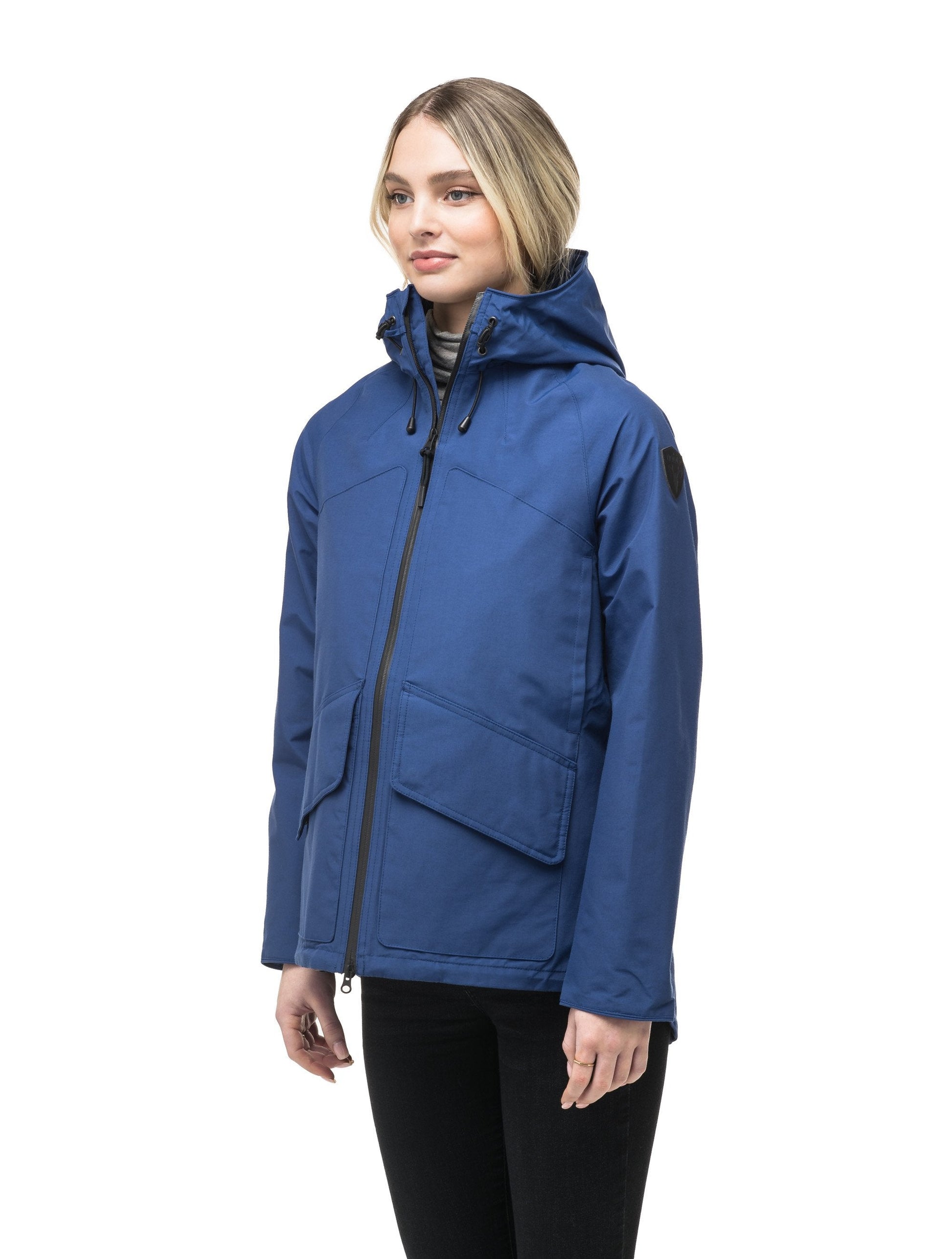 Women's hooded rain jacket with high low hem in Royal