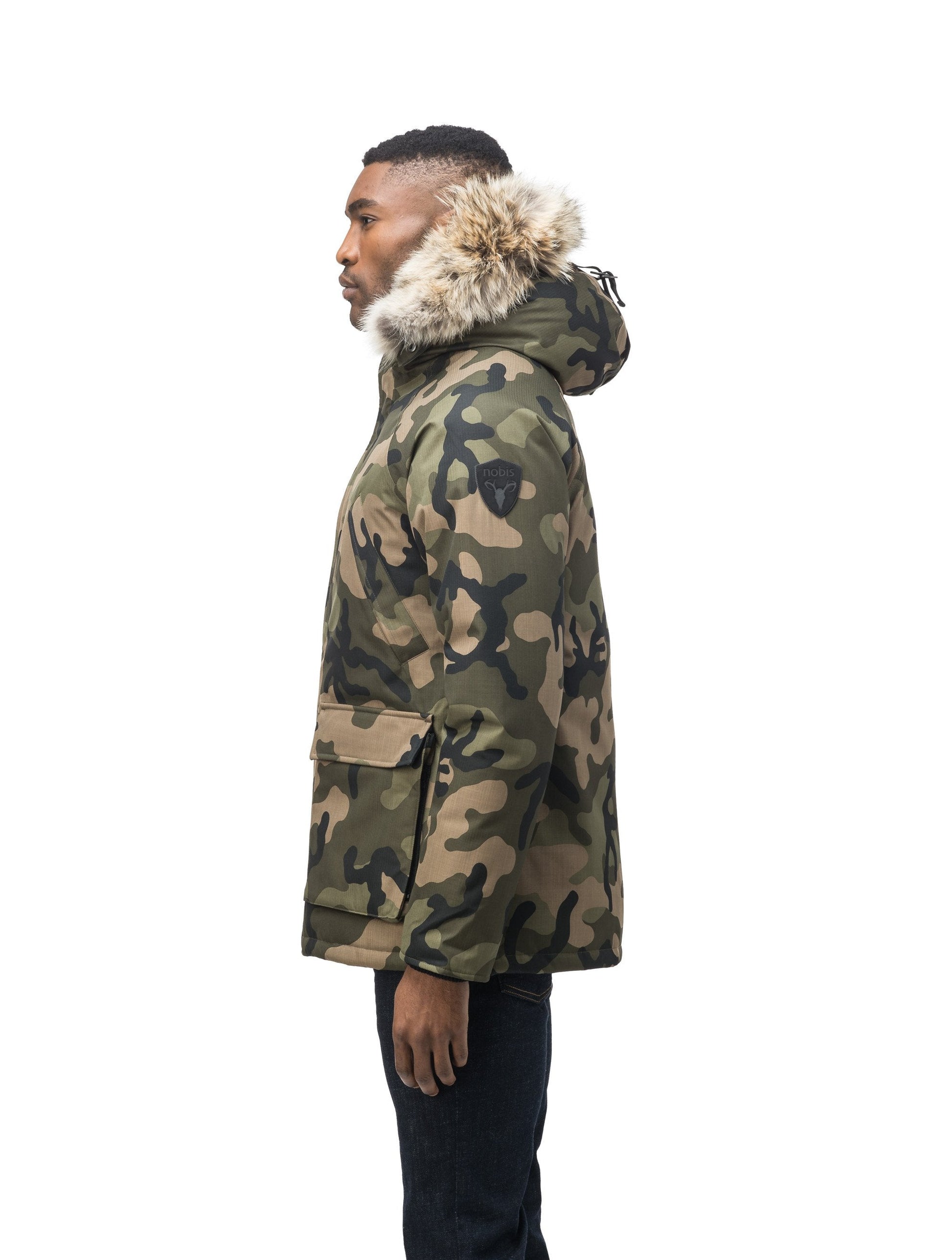 Men's waist length down filled jacket with two front pockets with magnetic closure and a removable fur trim on the hood in CH Camo