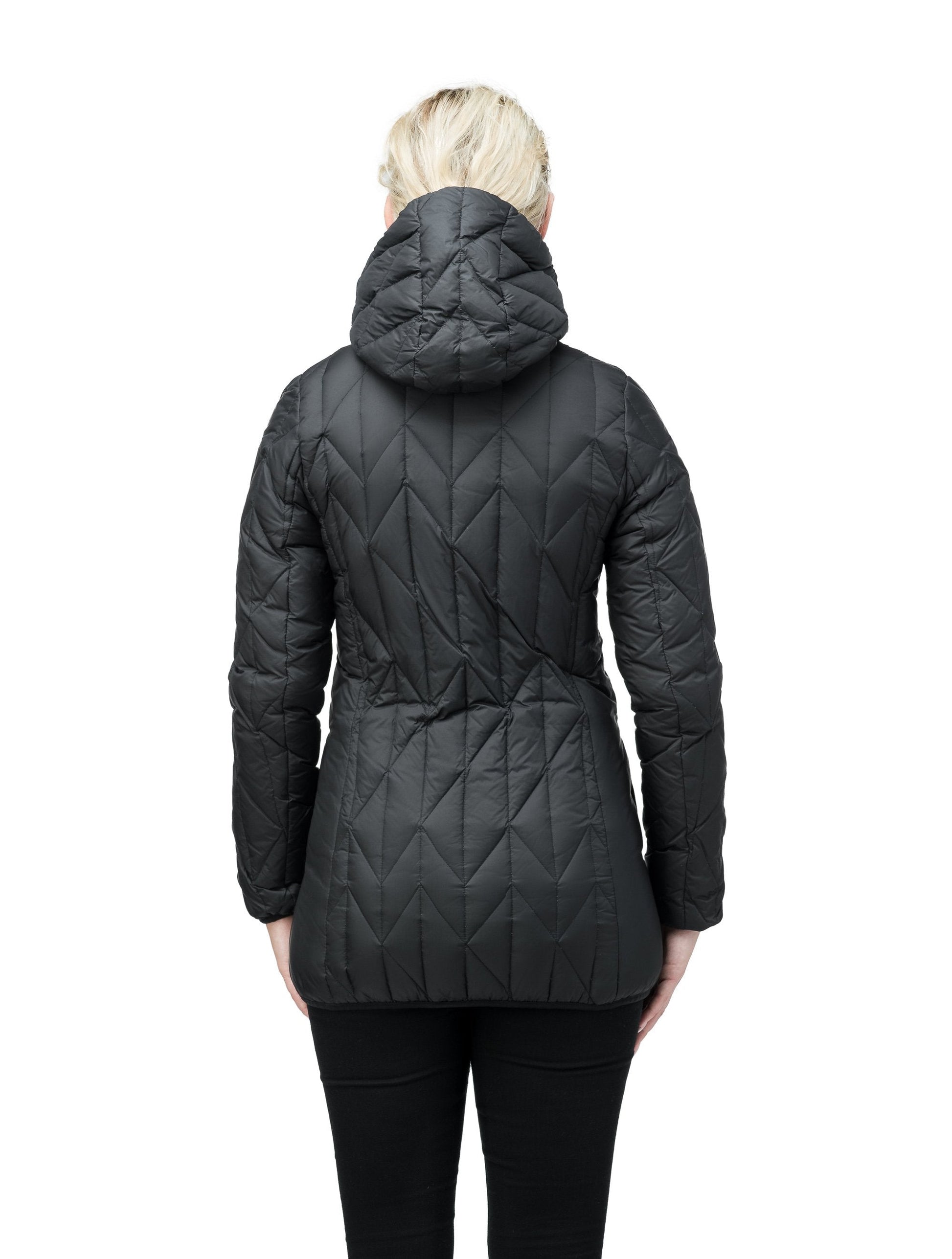 Women's down filled lightweight jacket with fishbone quilting and mid thigh silhouette in Black