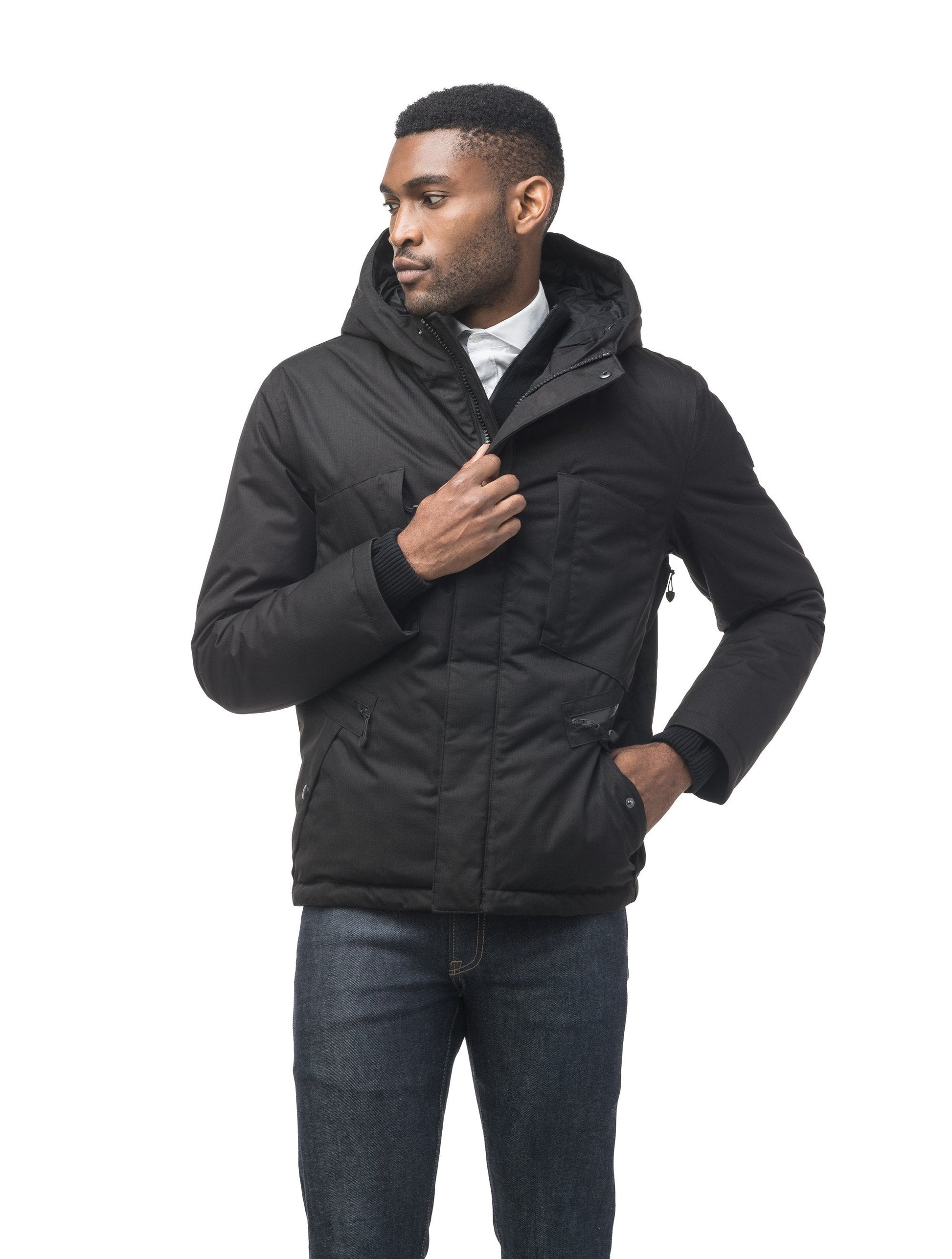 Men's waist length light down coat equipped with six exterior pockets and a hood in Black