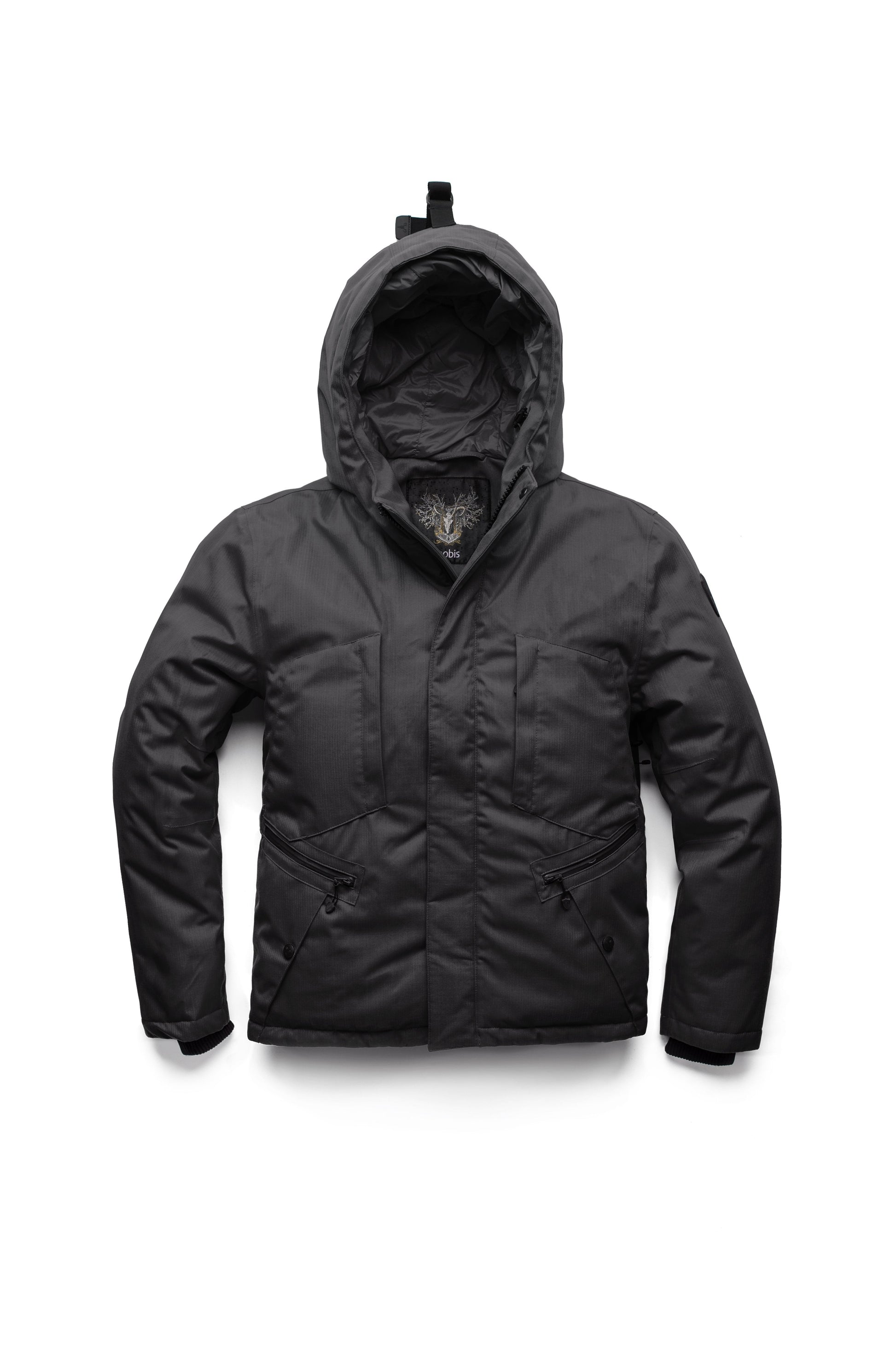 Men's waist length light down coat equipped with six exterior pockets and a hood in Black