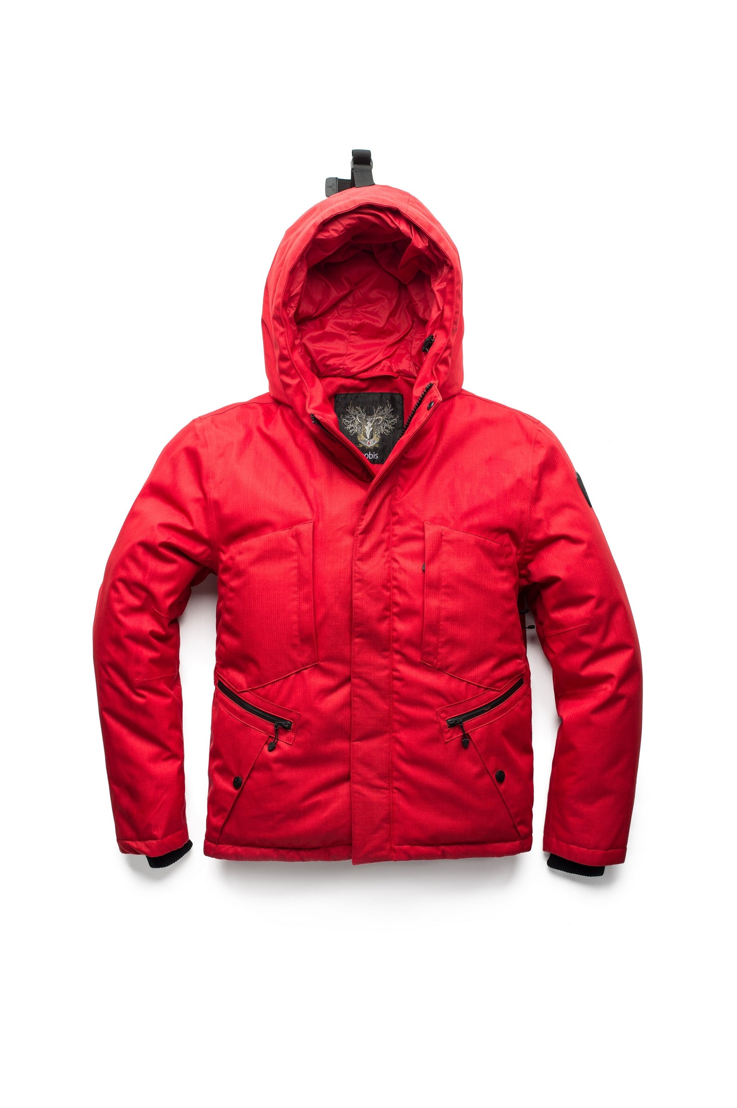Men's waist length light down coat equipped with six exterior pockets and a hood in Red