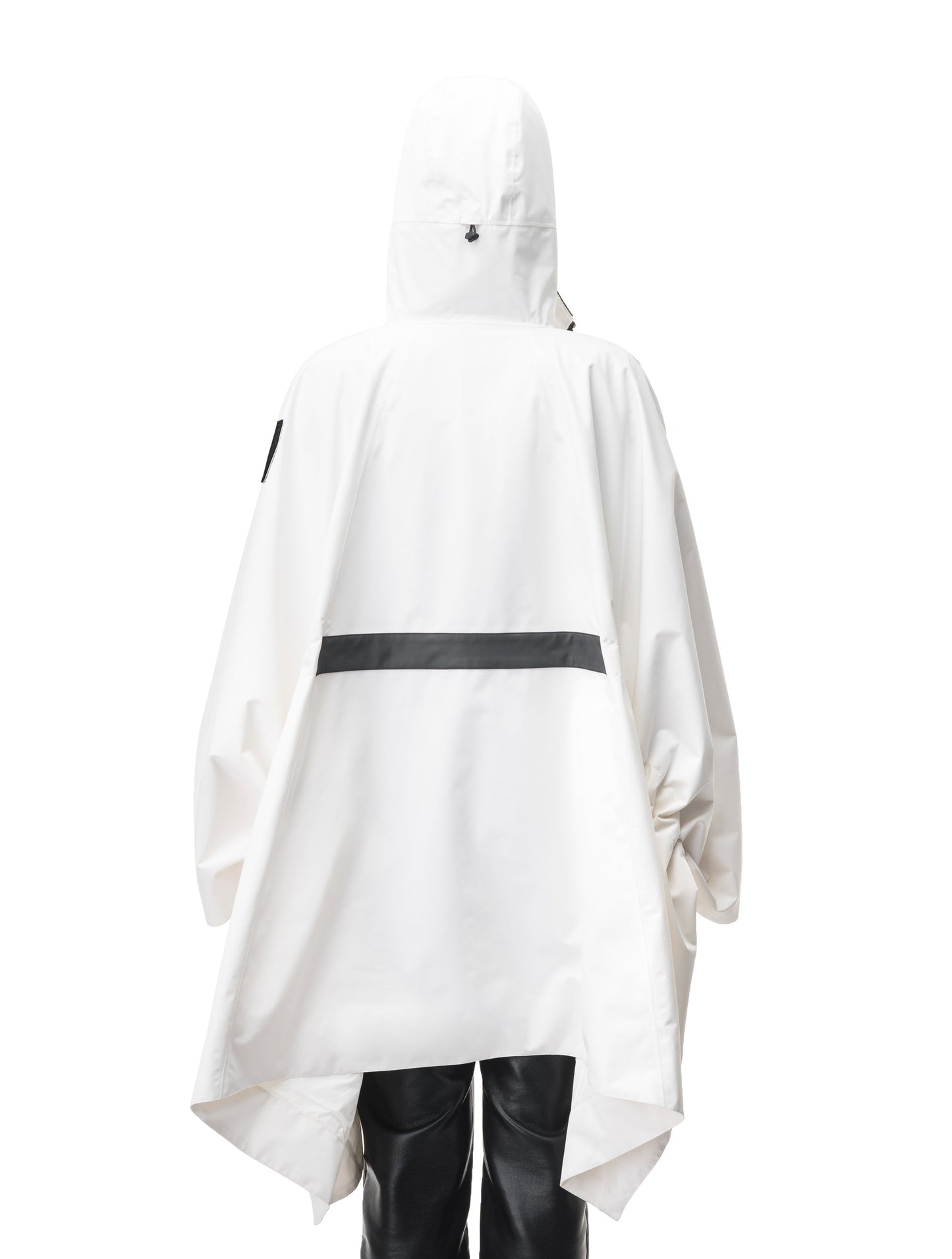 Hydra Unisex Performance Poncho in thigh length, non-removable hood, vertical half-zipper along centre front collar, hidden side-entry waist zipper pockets, adjustable webbing straps and snap closure cuffs, and packable to front kangaroo pocket with flap opening, in Chalk