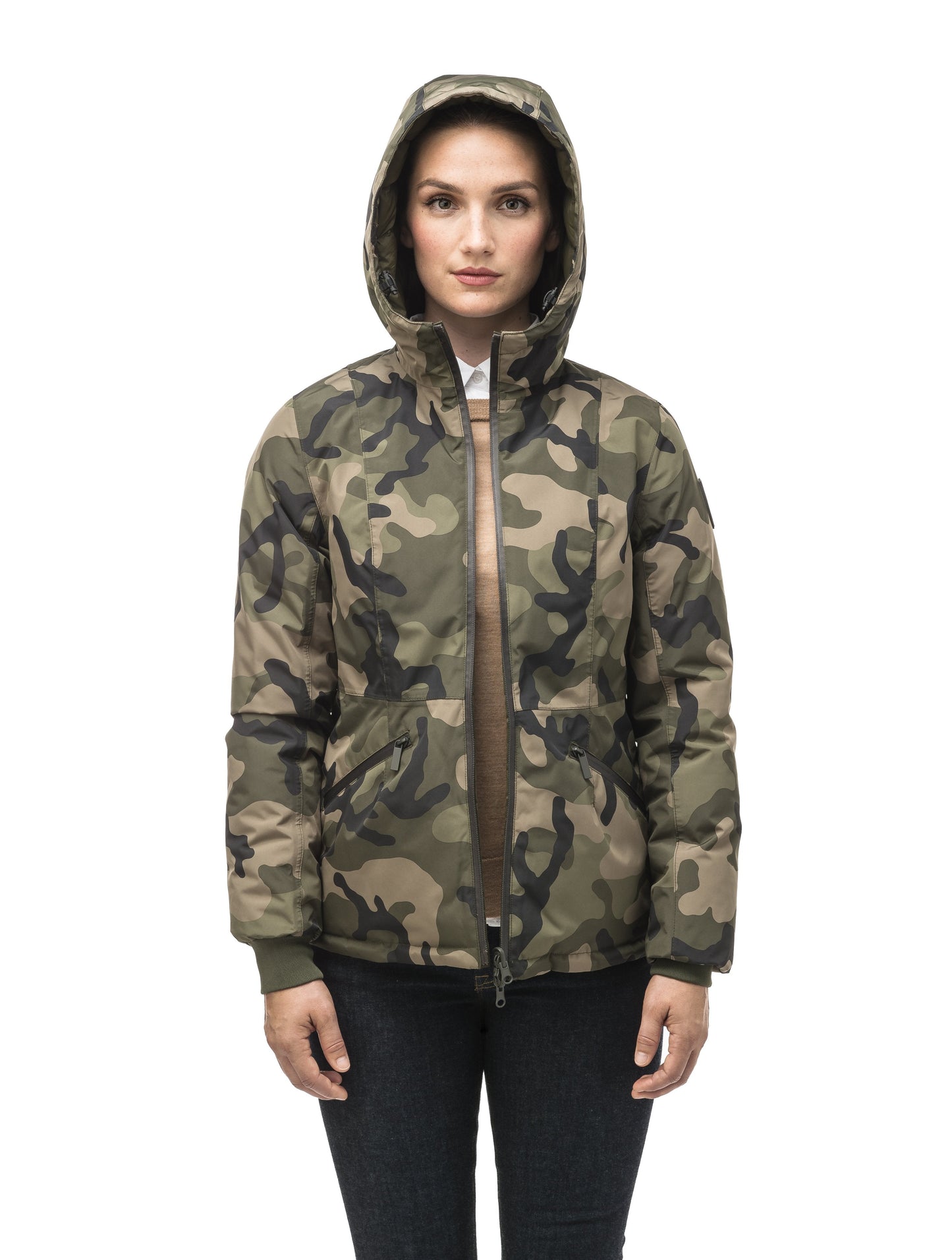 A women's two in one reversible hip length down jacket, one side is quilted and one side is solid waterproof fabric in Camo
