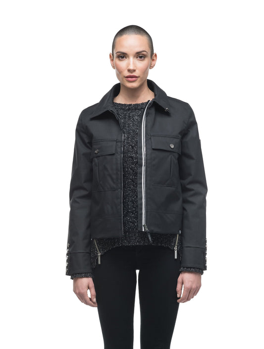 Women's cropped military inspired jacket with shirt collar detail in Black