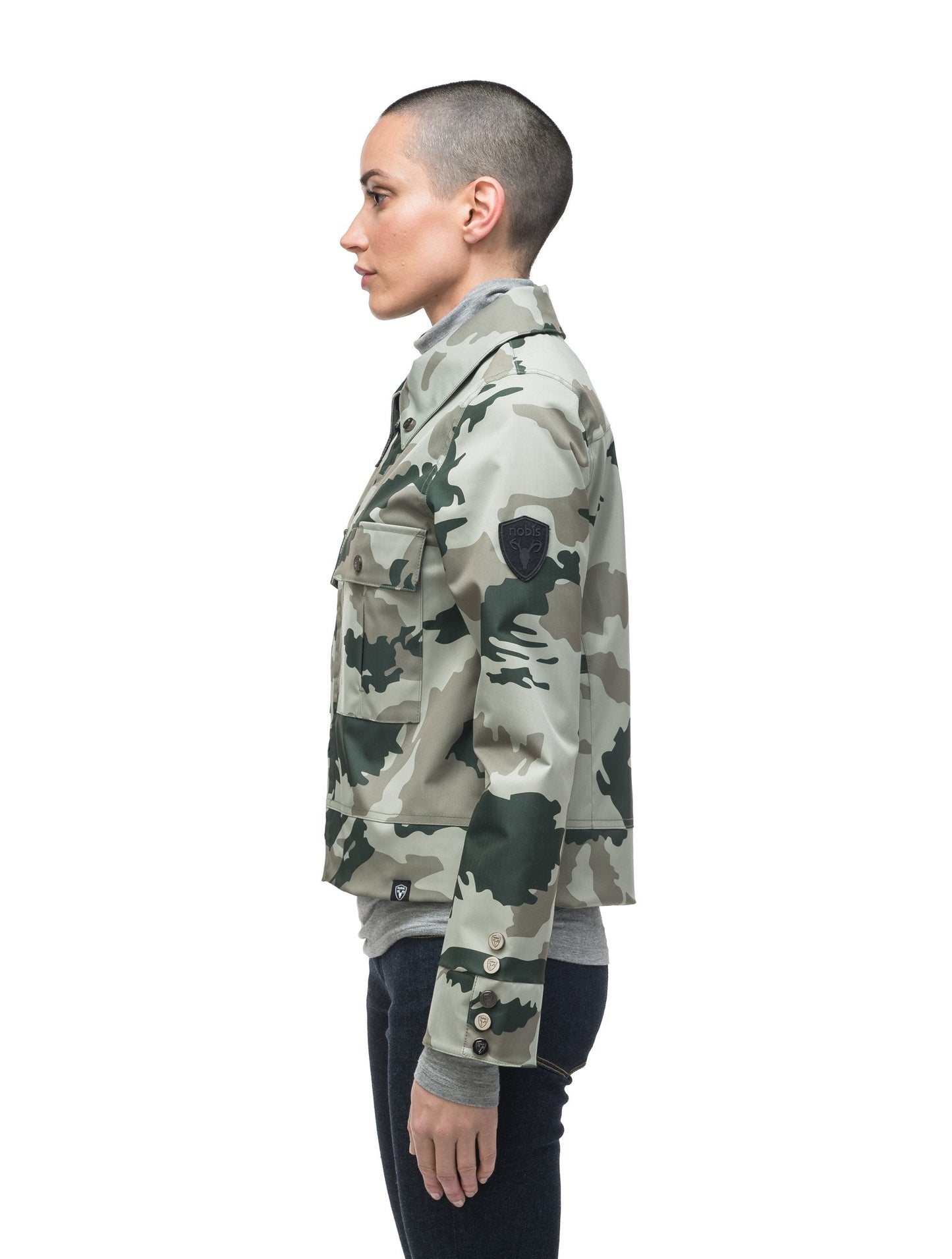Women's cropped military inspired jacket with shirt collar detail in Army Green Camo