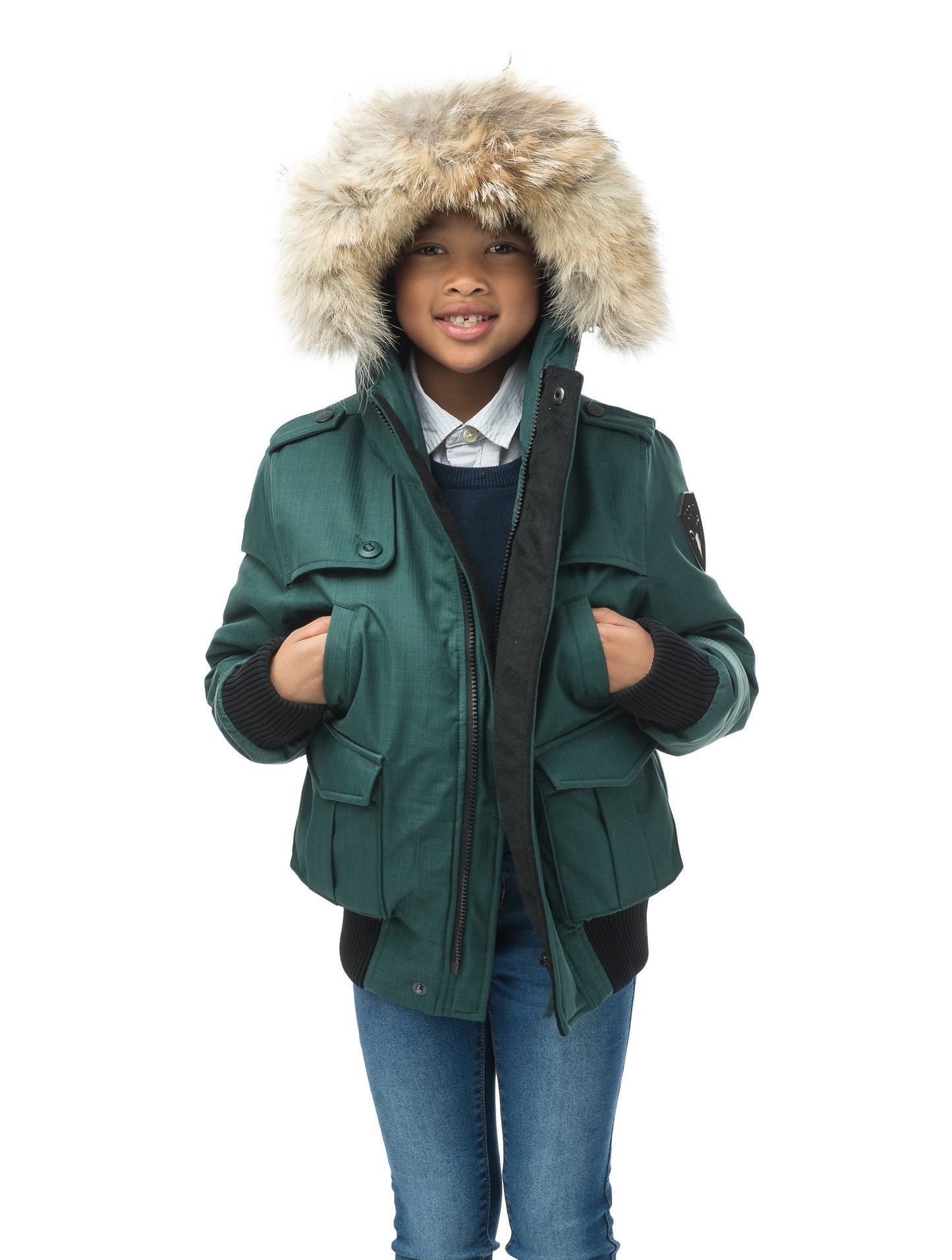 Kid's waist length down bomber jacket with fur trim hood in CH Forest