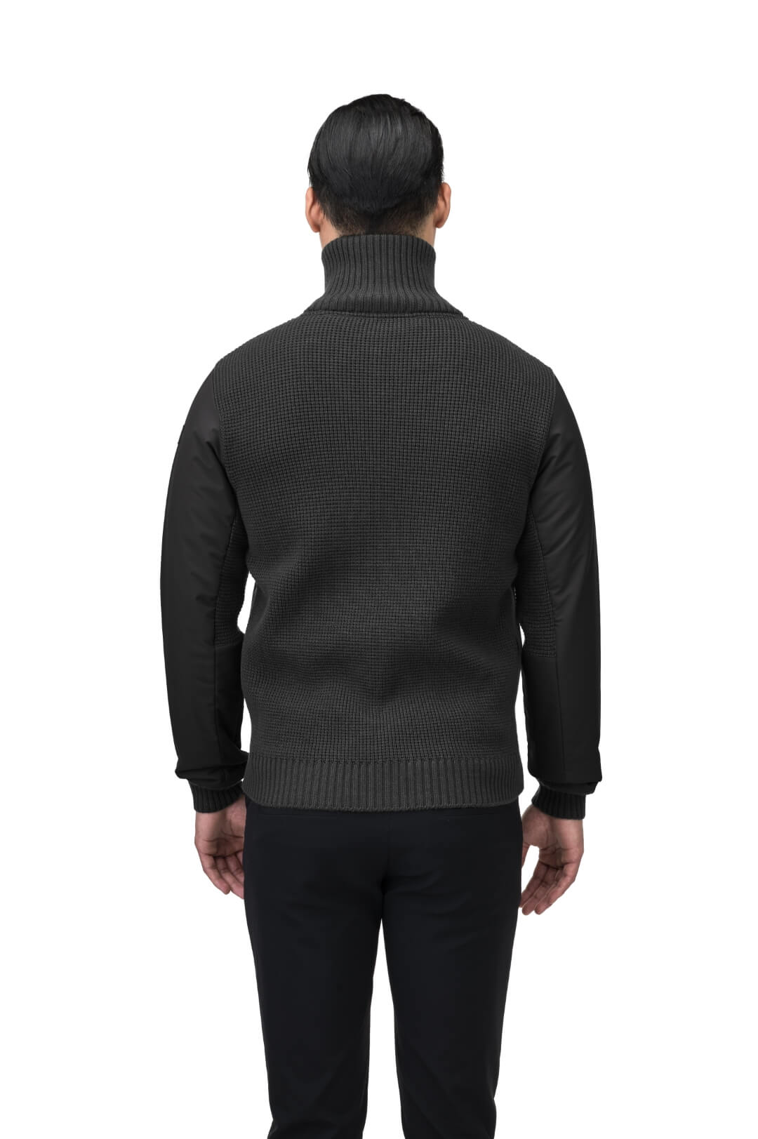 Layton Men's Tactical Hybrid Sweater in hip length, Primaloft Gold Insulation Active+, Merion wool knit collar, sleeves, back, and cuffs, two-way front zipper, and pockets at chest and waist, in Black