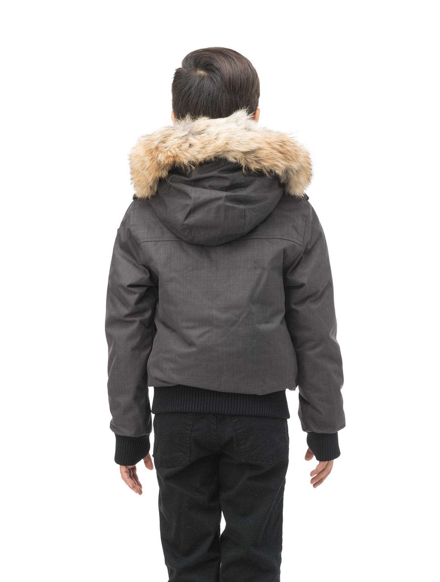 Kid's waist length down bomber jacket with fur trim hood in CH Steel Grey