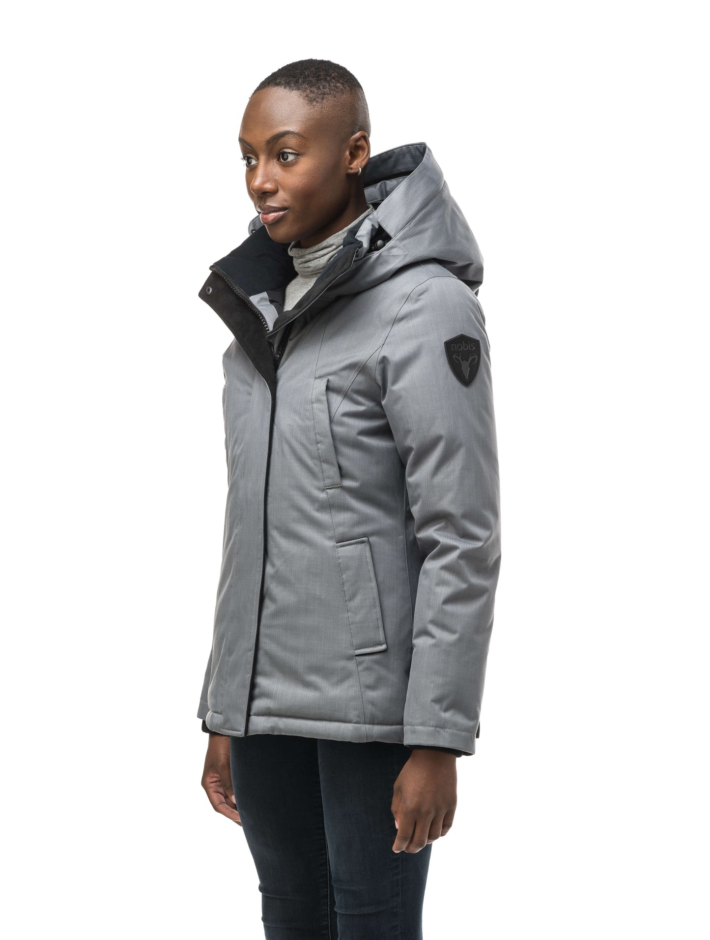 Women's hip length down filled parka with non-removable hood in CH Concrete