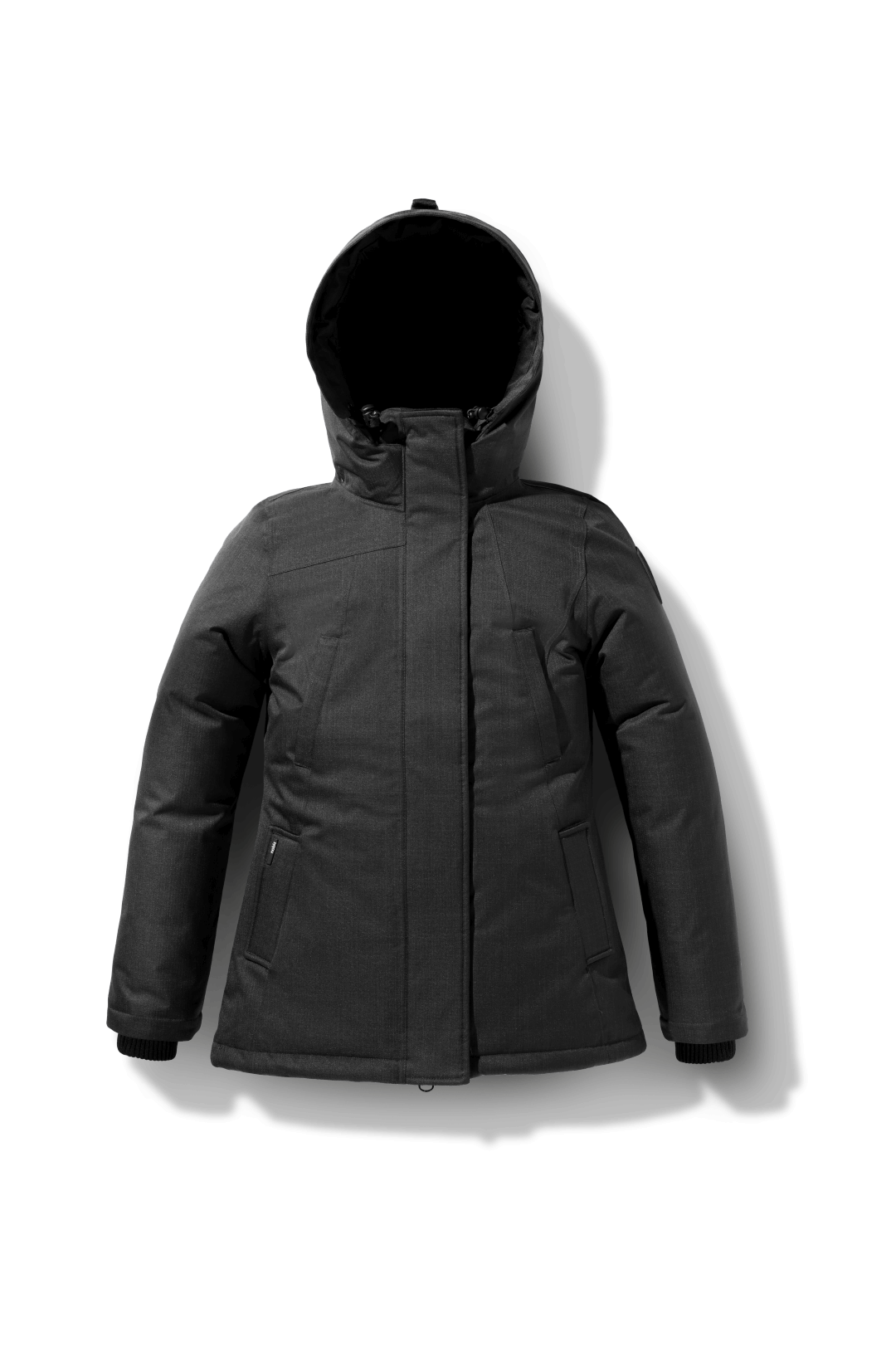 Women's hip length down filled parka with non-removable hood in CH Black