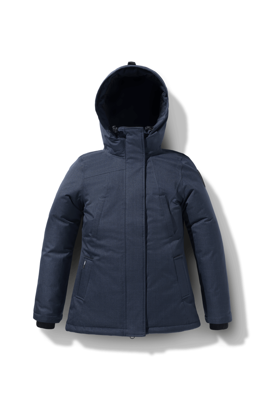 Women's hip length down filled parka with non-removable hood in CH Navy