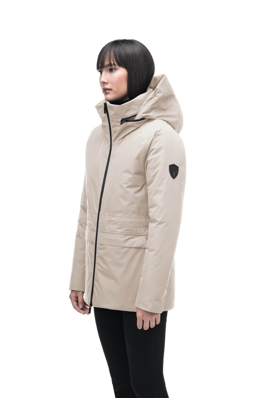 Litho Ladies Short Parka in hip length, Canadian duck down insulation, tuckable waterproof hood, and two-way zipper, in Clay