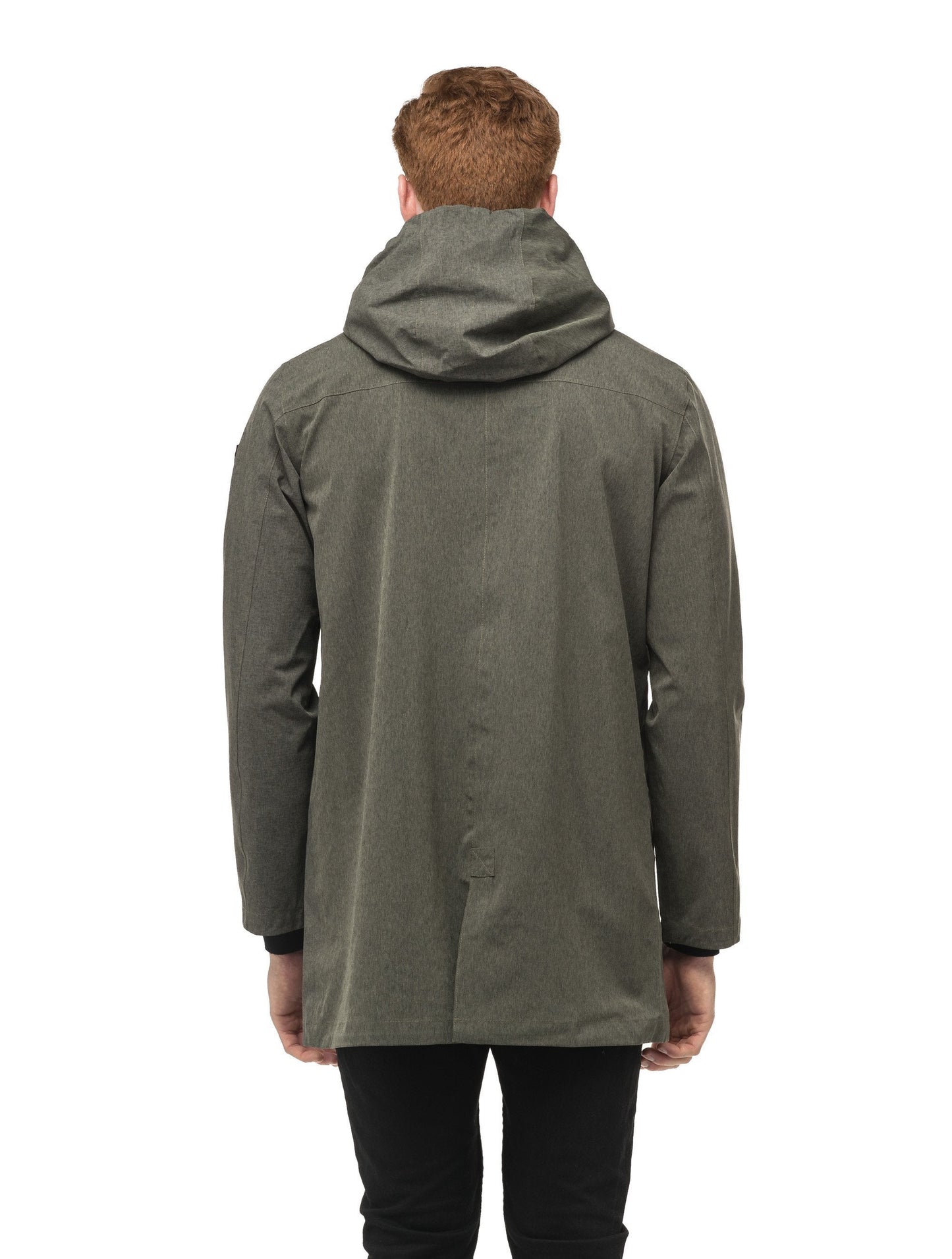 Men's thigh length rain coat with hood in Army Green