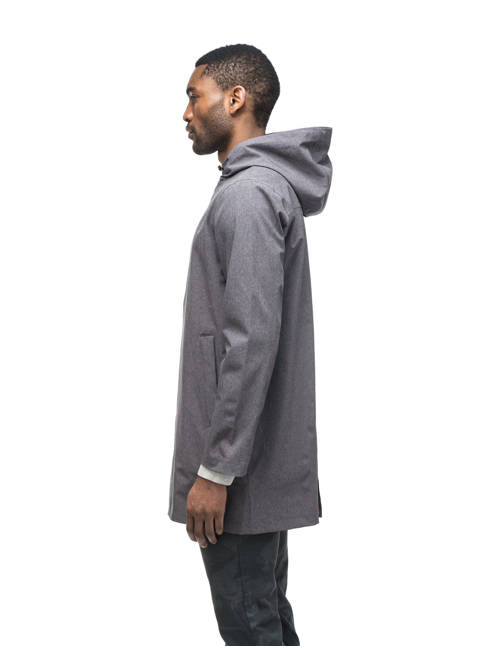 Men's thigh length rain coat with hood in Dk Grey