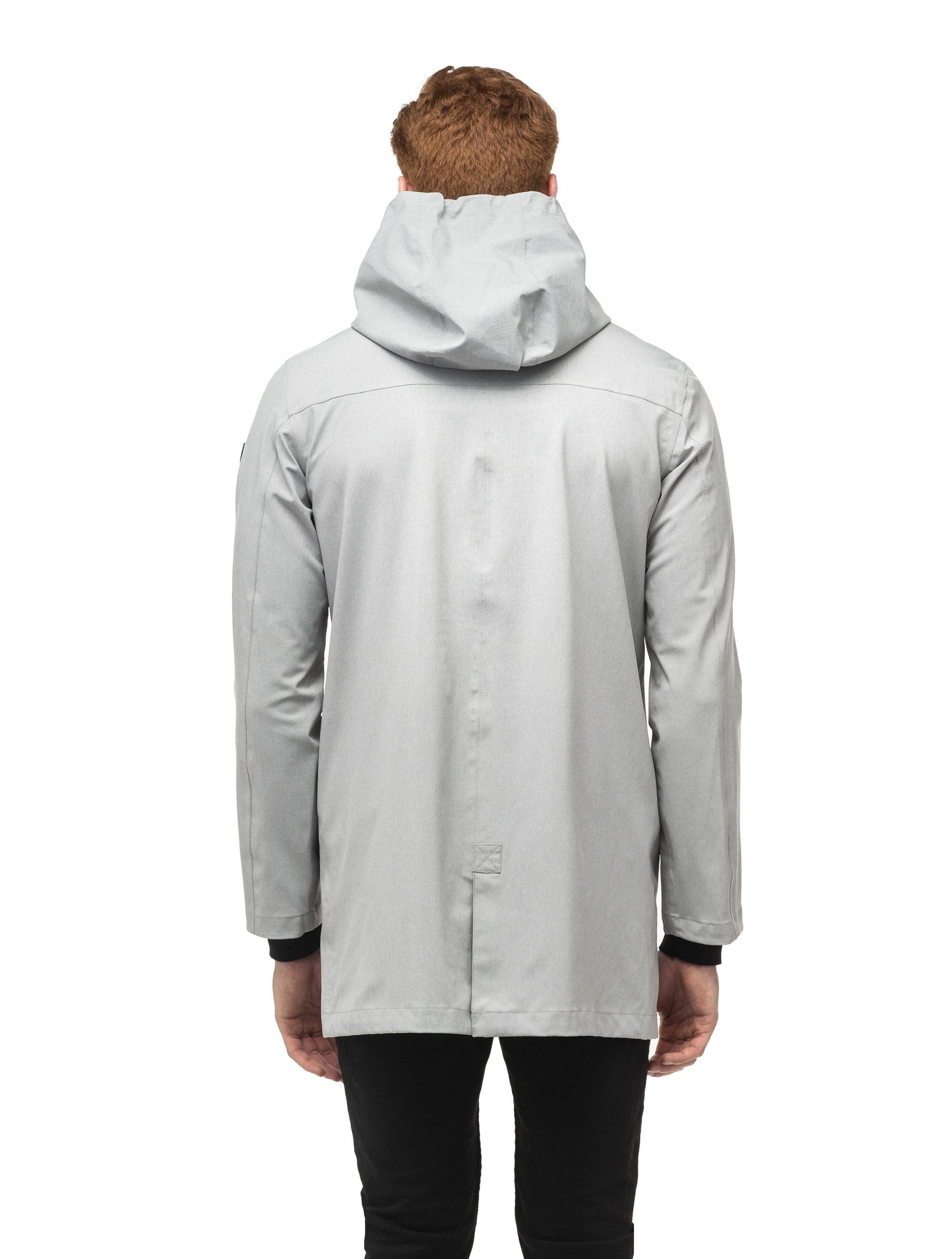 Men's thigh length rain coat with hood in Light Grey