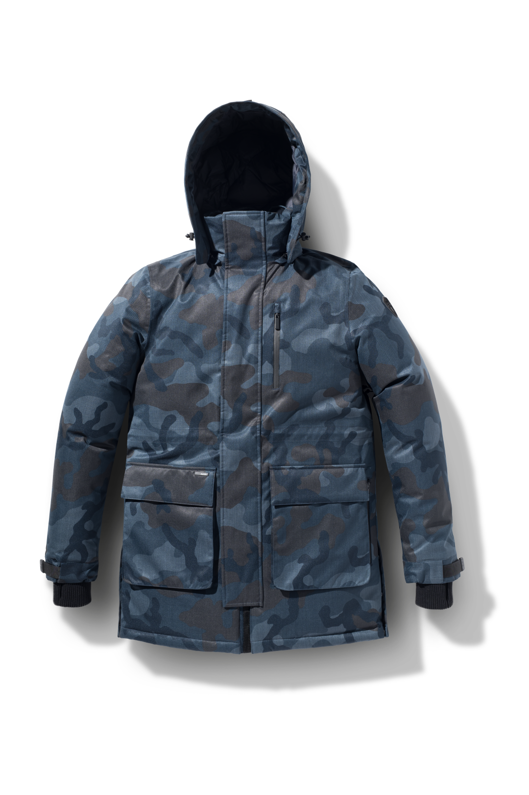 Mid weight men's down filled parka with two patch pockets at the hip and snap closure side vents in Navy Camo
