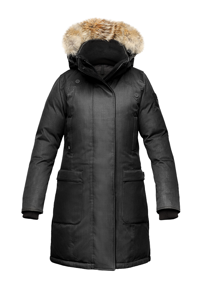Best selling women's down filled knee length parka with removable down filled hood in H. Black