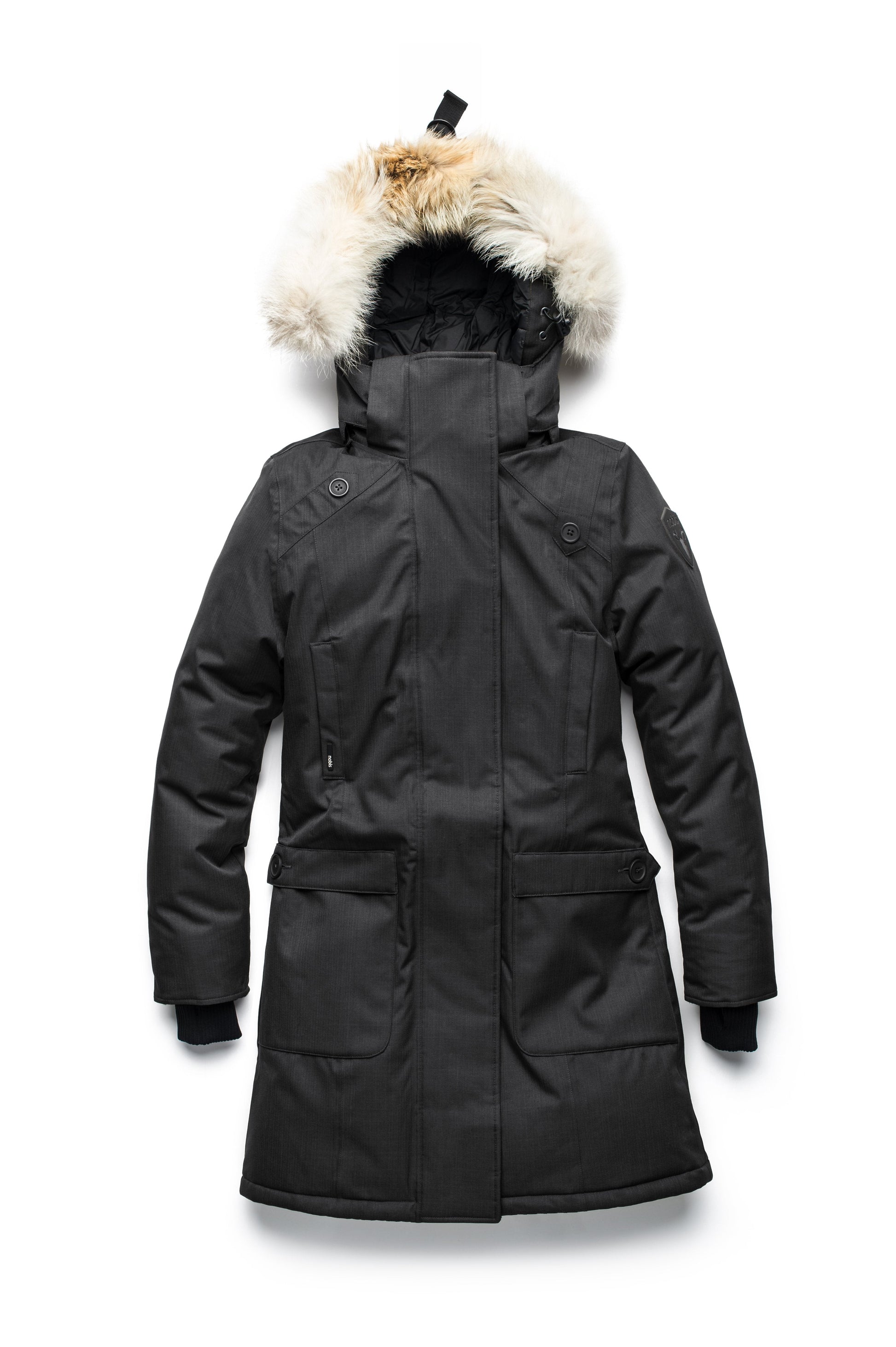 Best selling women's down filled knee length parka with removable down filled hood in CH Black