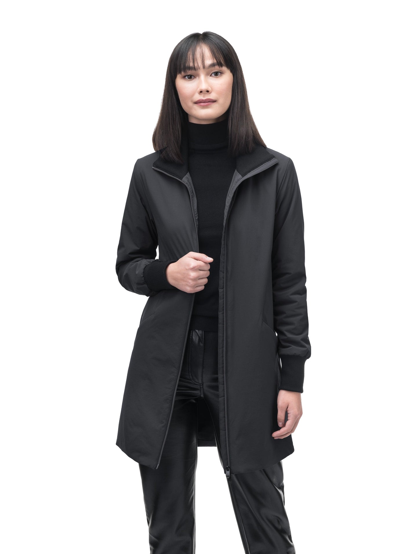 Mora Ladies Mid Layer Rib Neck Jacket in thigh length, Primaloft insulation, ribbing at collar and cuffs, and two-way front zipper, in Black