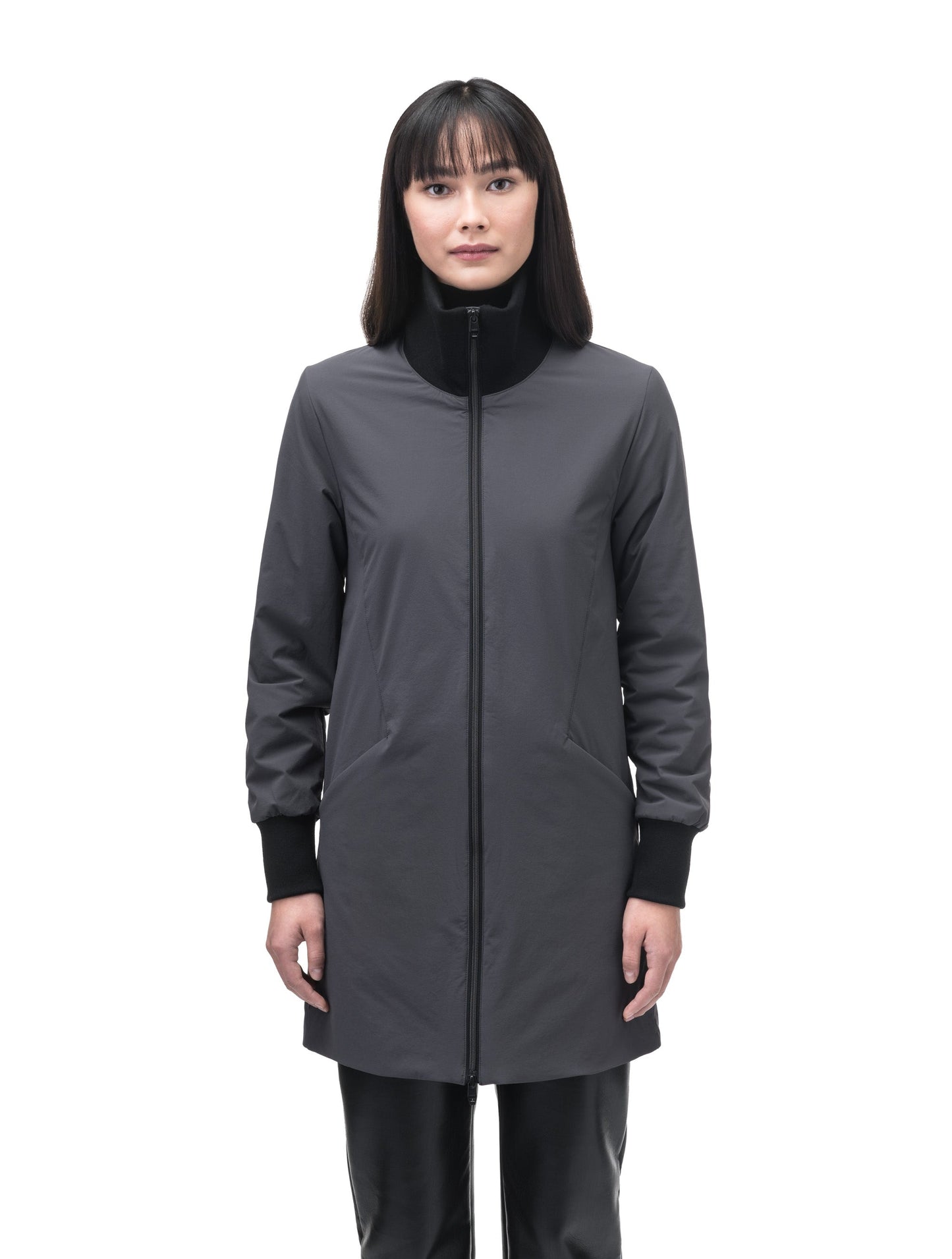 Mora Ladies Mid Layer Rib Neck Jacket in thigh length, Primaloft insulation, ribbing at collar and cuffs, and two-way front zipper, in Steel Grey