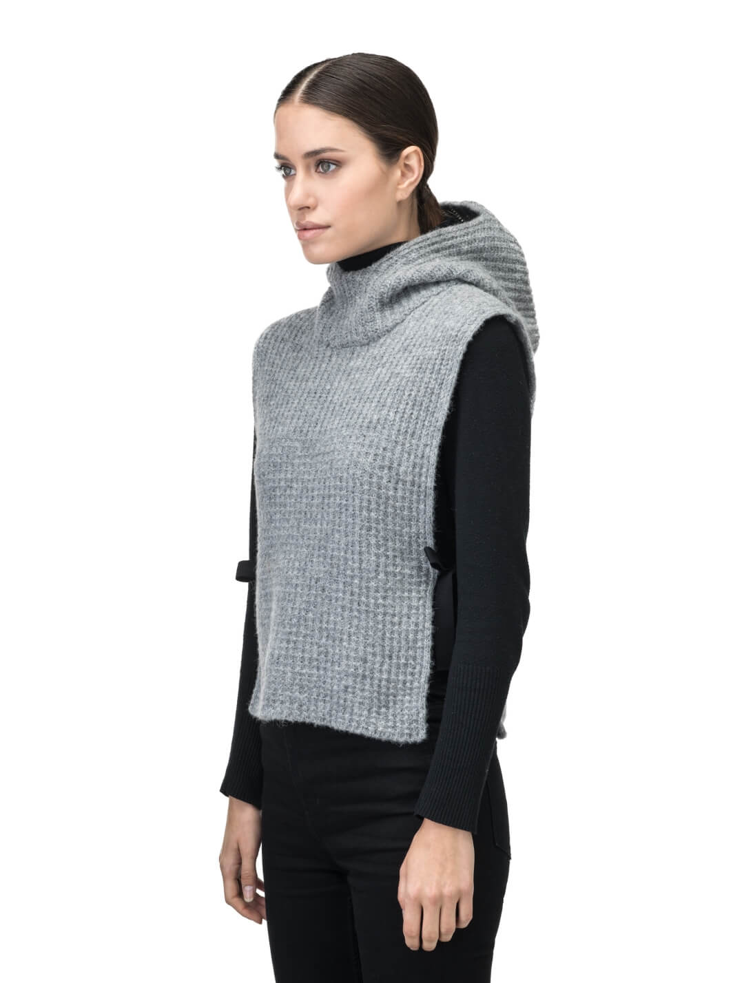 Nars Unisex Knit Hooded Dickie in in superfine alpaca and merino wool blend, waist length, fitted hood, sleeveless torso, and side webbing straps to adjust fit, in Grey Melange