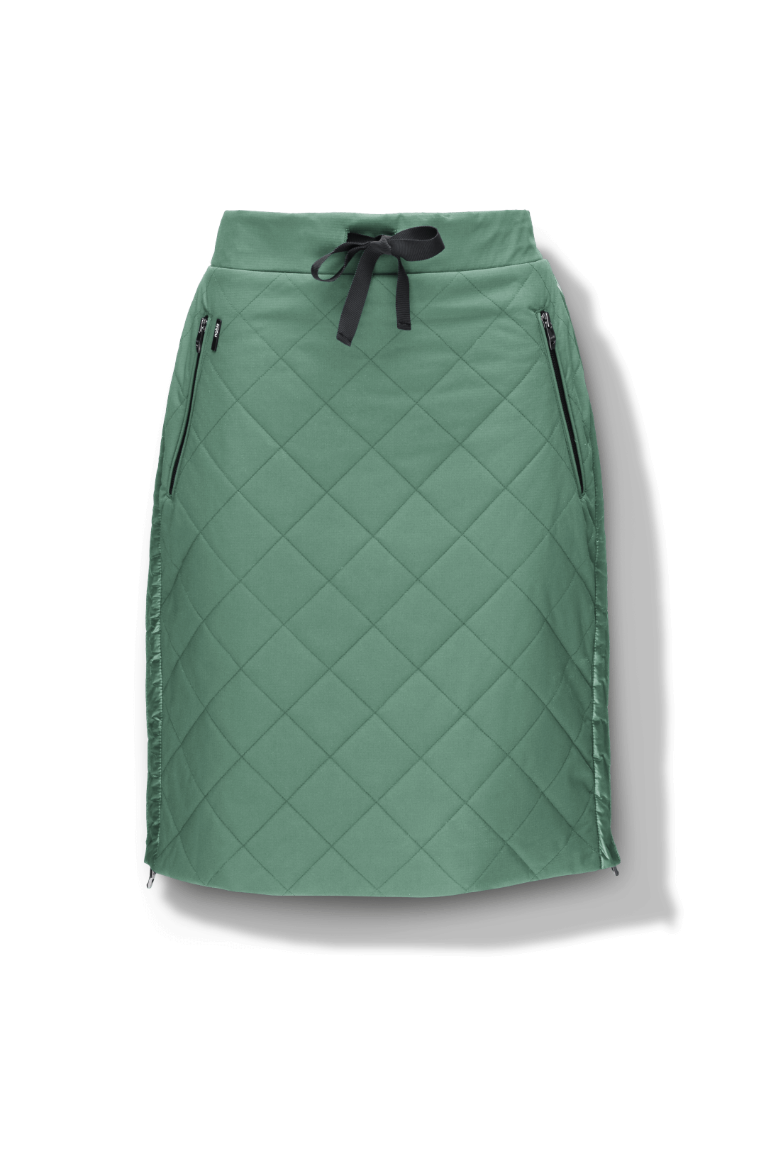 Phora Women's Tailored Skirt in knee length, premium stretch ripstop and contrast cire technical nylon taffeta fabrication, premium 4-way stretch, water resistant Primaloft Gold Insulation Active+, elasticated waistband with grosgrain ribbon drawstrings, two zipper pockets at waist, and zipper closure gusset at side seams, in Comfrey