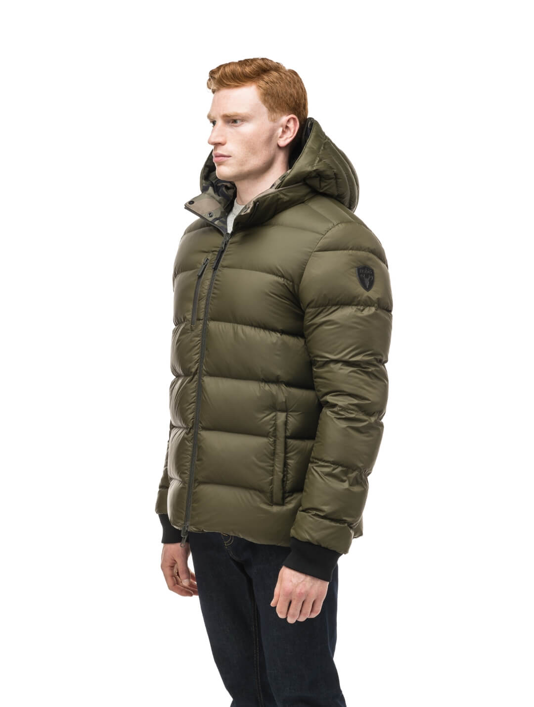 Hip length, reversible men's down filled jacket with remova