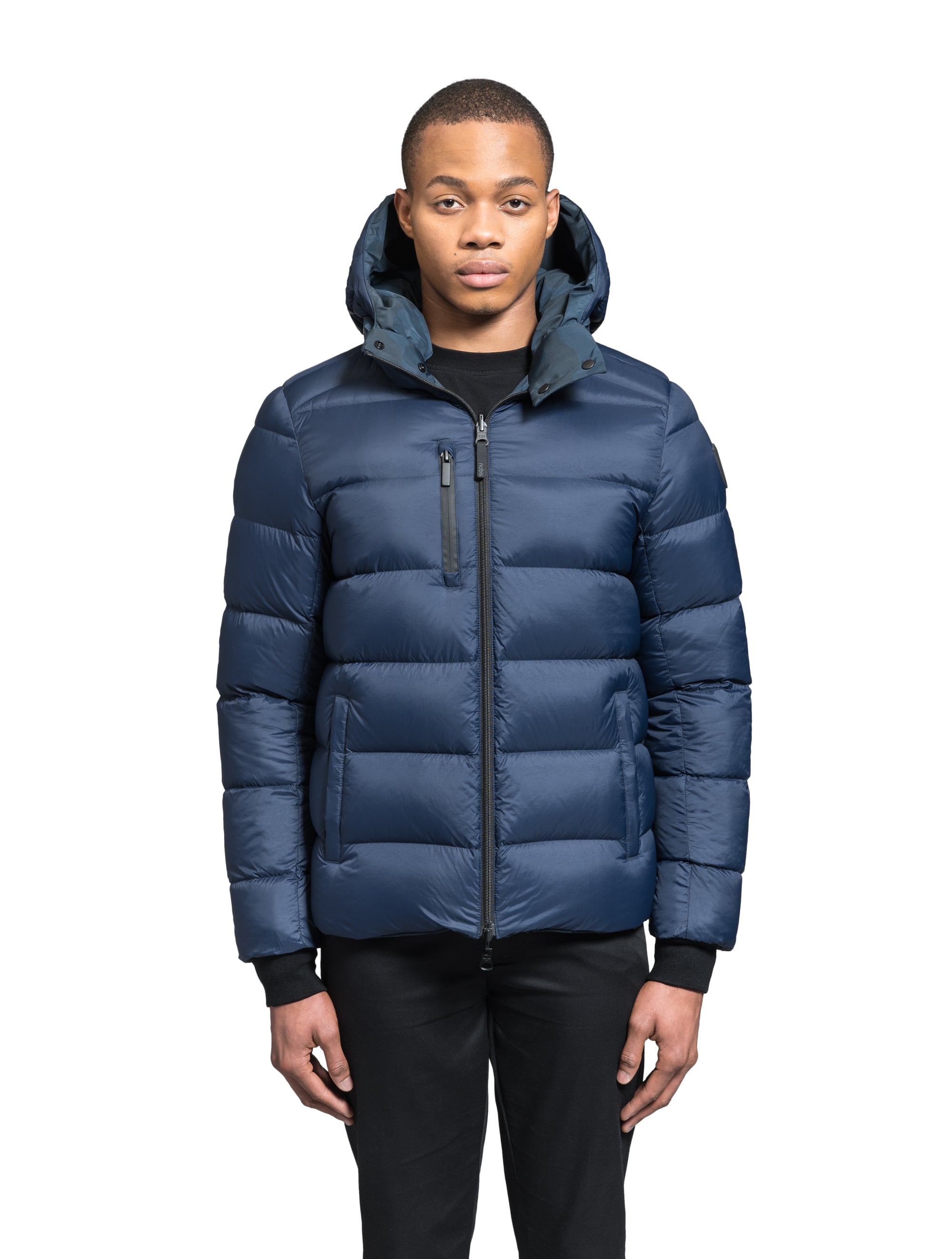 Navy blue puffer discount jacket with hood