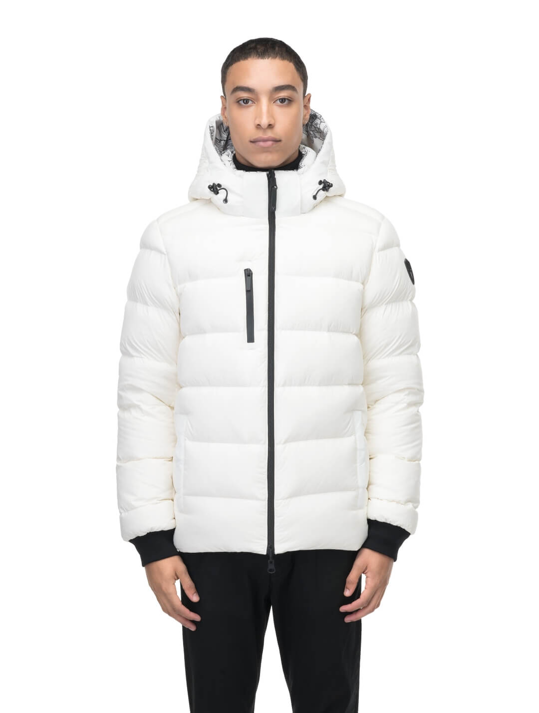 Hip length, reversible men's down filled jacket with removable hood in White Floral Print
