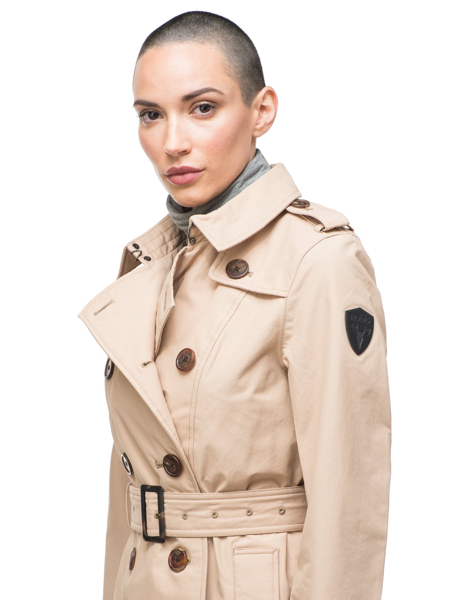 Women's knee length trench coat with removable belt in Fawn