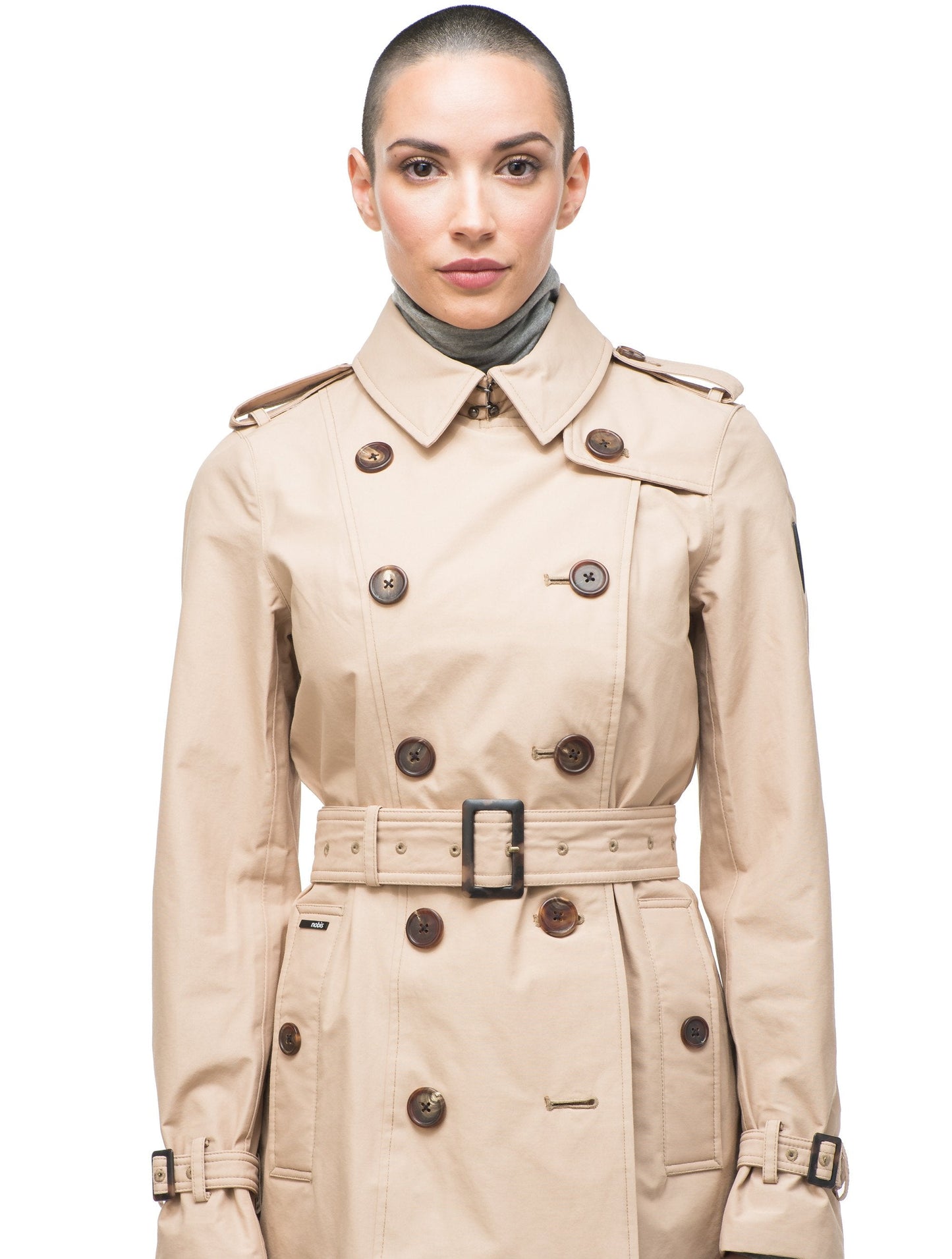 Women's knee length trench coat with removable belt in Fawn