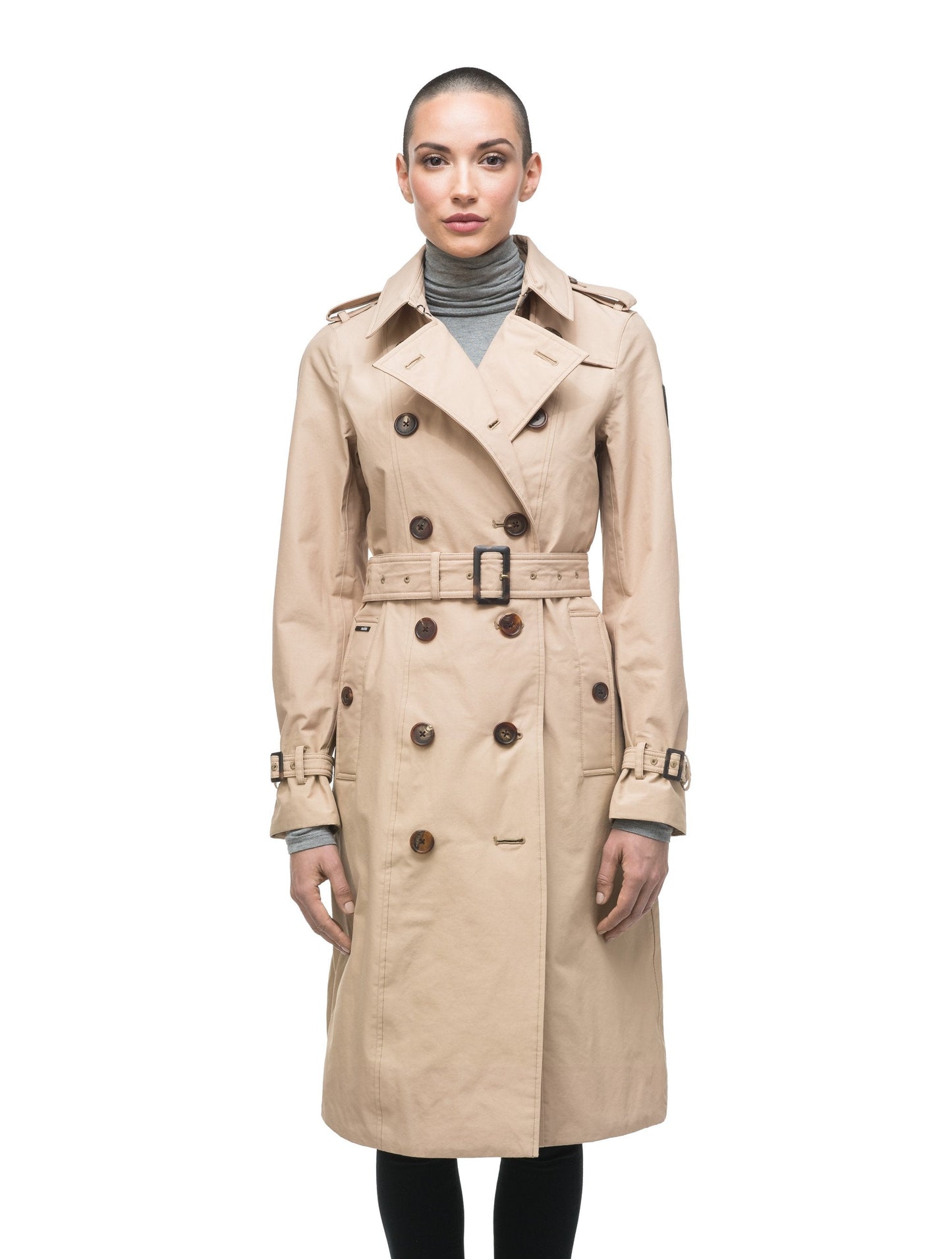 Women's knee length trench coat with removable belt in Fawn