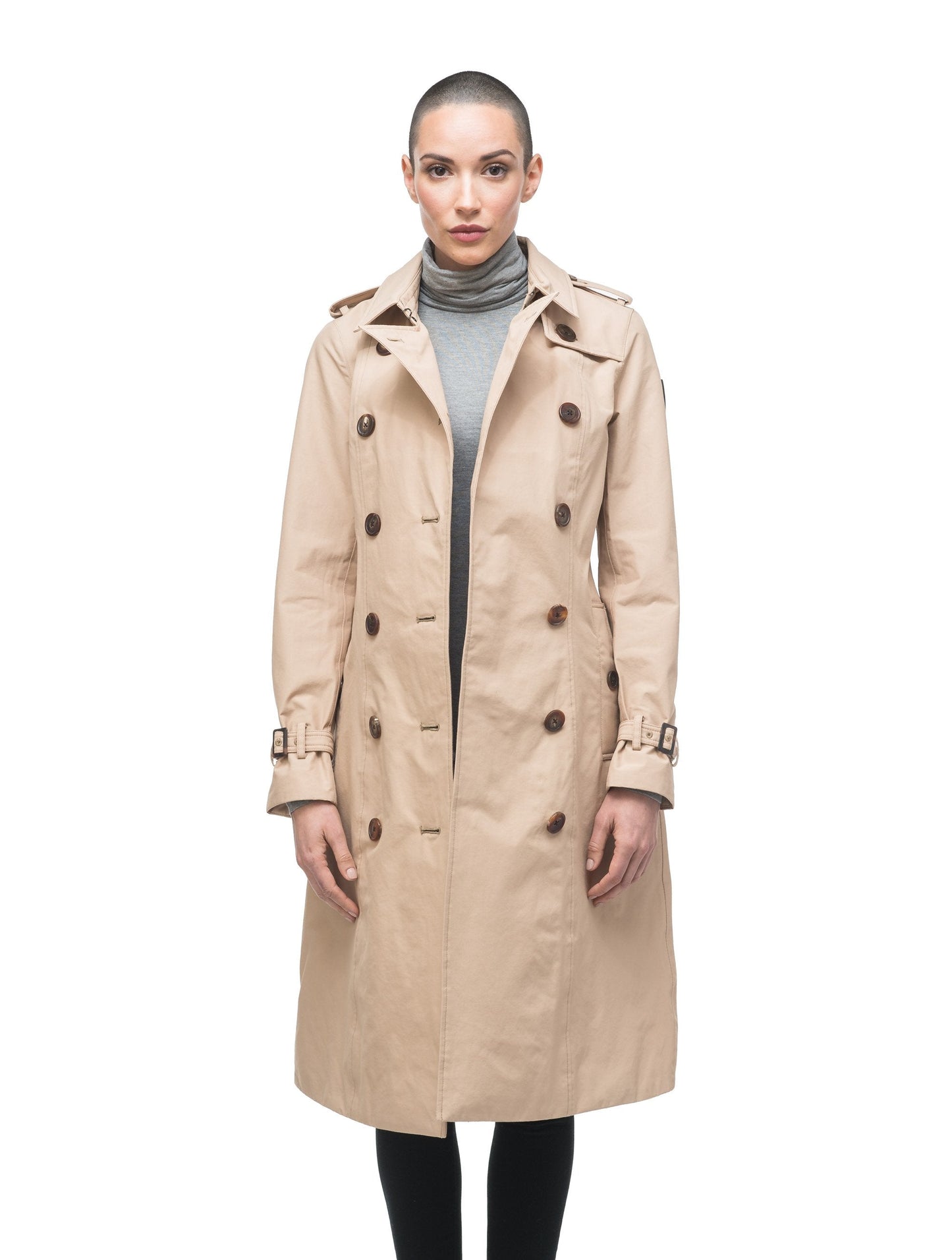 Women's knee length trench coat with removable belt in Fawn