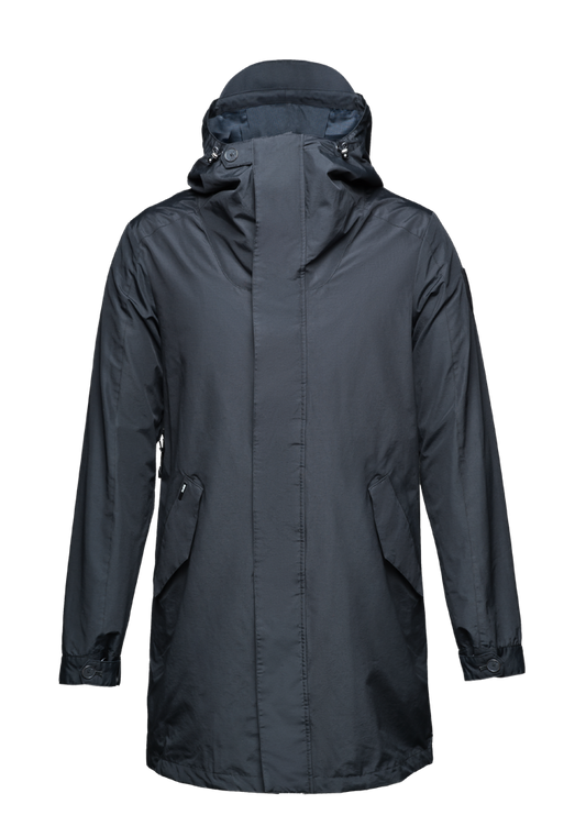 Men's thigh length hooded rain jacket with non-removable hood in Navy