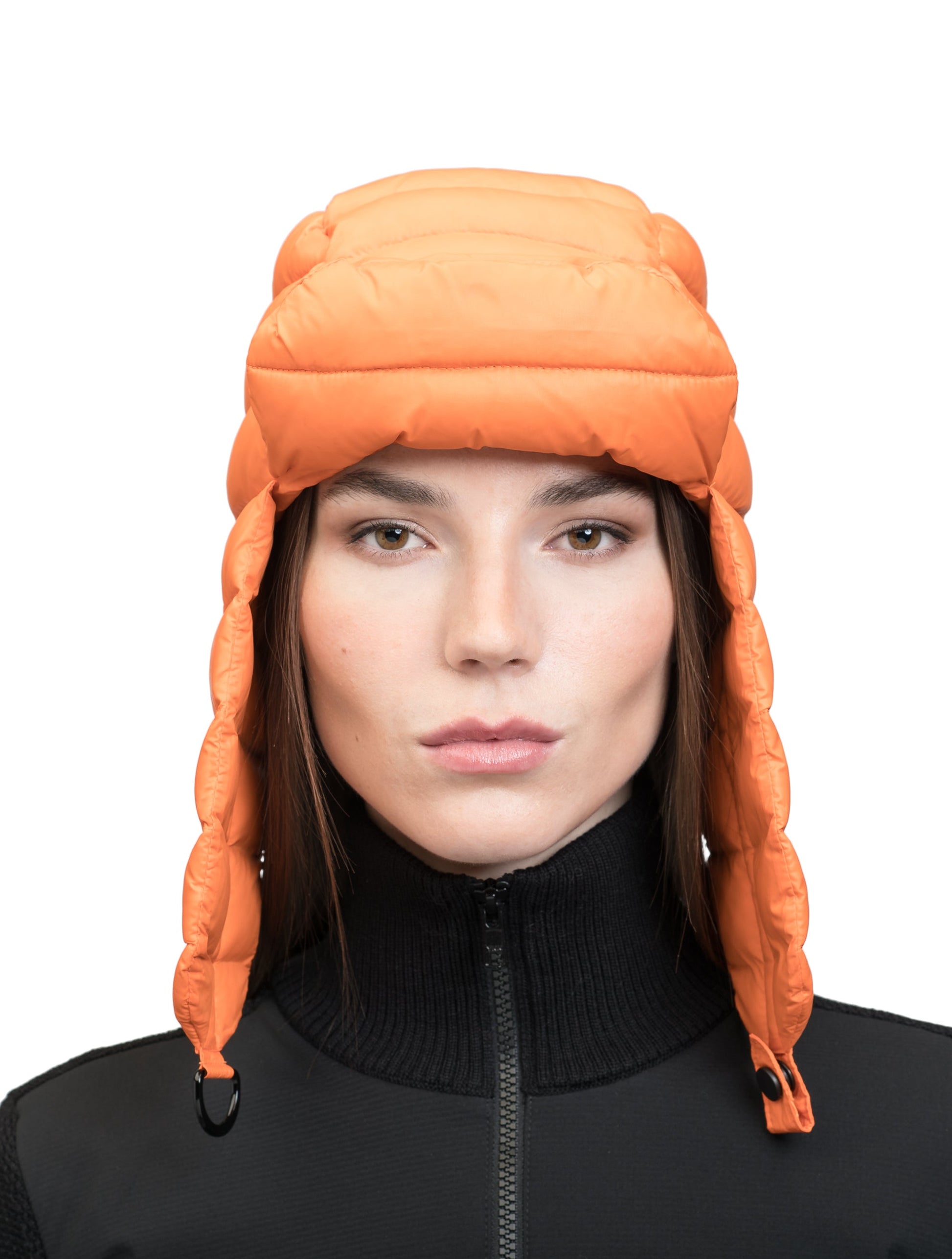 Unisex down-filled quilted fargo hat with adjustable chin strap in Atomic