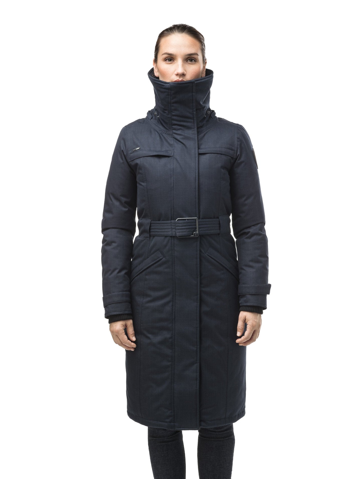 Women's knee length down filled parka with a belted waist and fully removable Coyote and Rex Rabbit fur ruffs in CH Navy