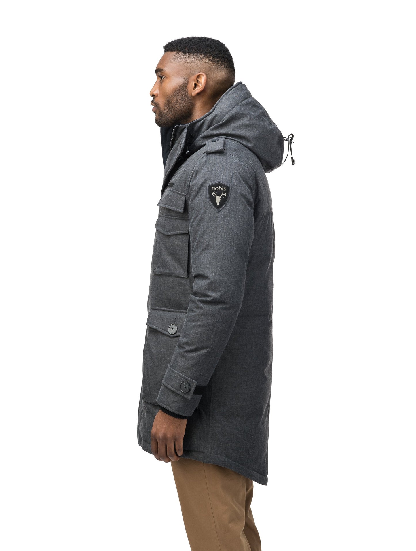 Men's down filled parka with faux button magnet closures and fur free hood with a fishtail hemline in H. Charcoal