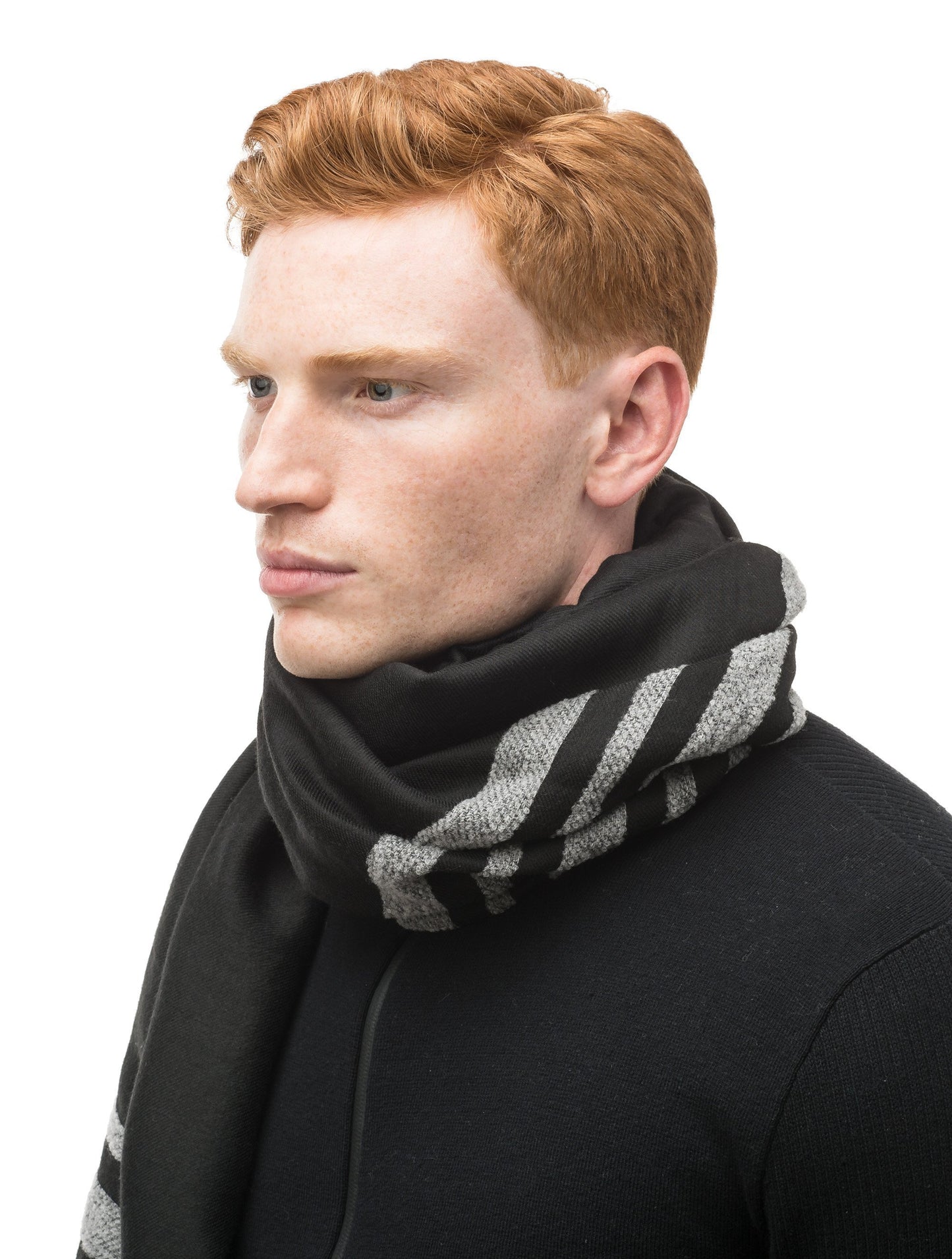 Woven scarf with contrasting chenille stripes and fringe finish on ends in Dk Grey