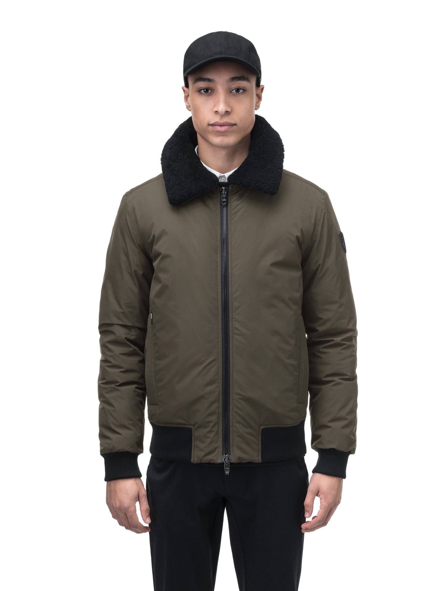 Sonar Men's Aviator Jacket in hip length, Canadian duck down insulation, removable shearling collar with hidden tuckable hood, and two-way front zipper, in Fatigue