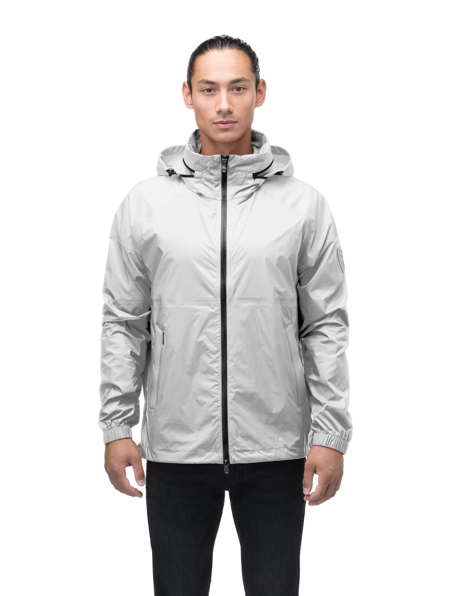 Men's hip length waterproof jacket with tuckable hood and 2-way zipper in Light Grey